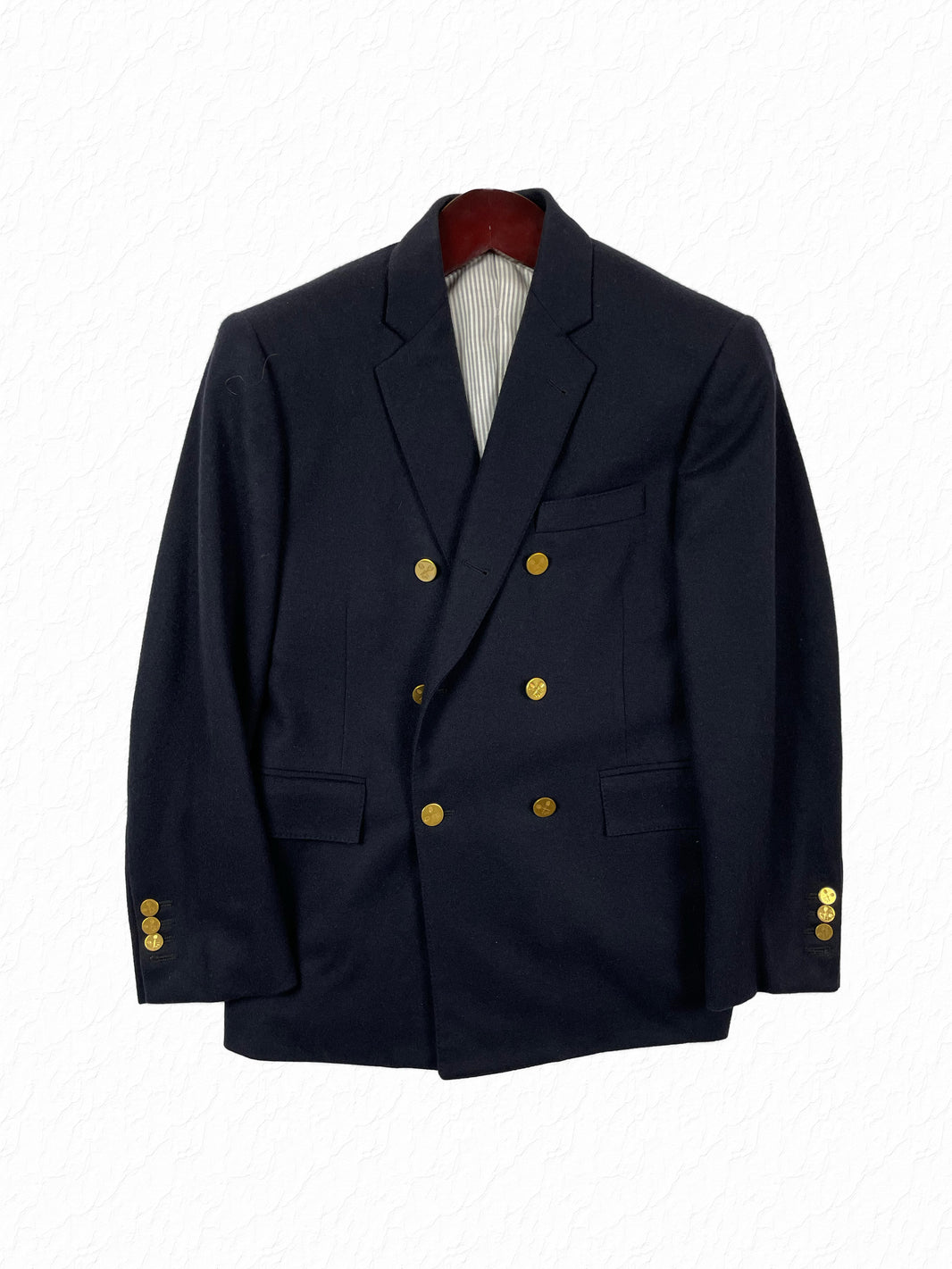Thom Browne double breasted navy cashmere blazer with gold tennis buttons
