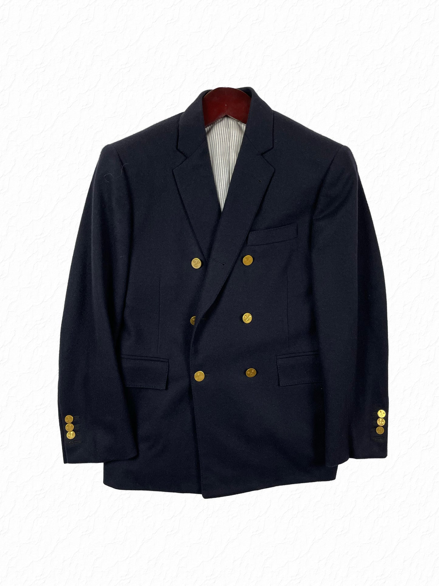 Thom Browne double breasted navy cashmere blazer with gold tennis buttons