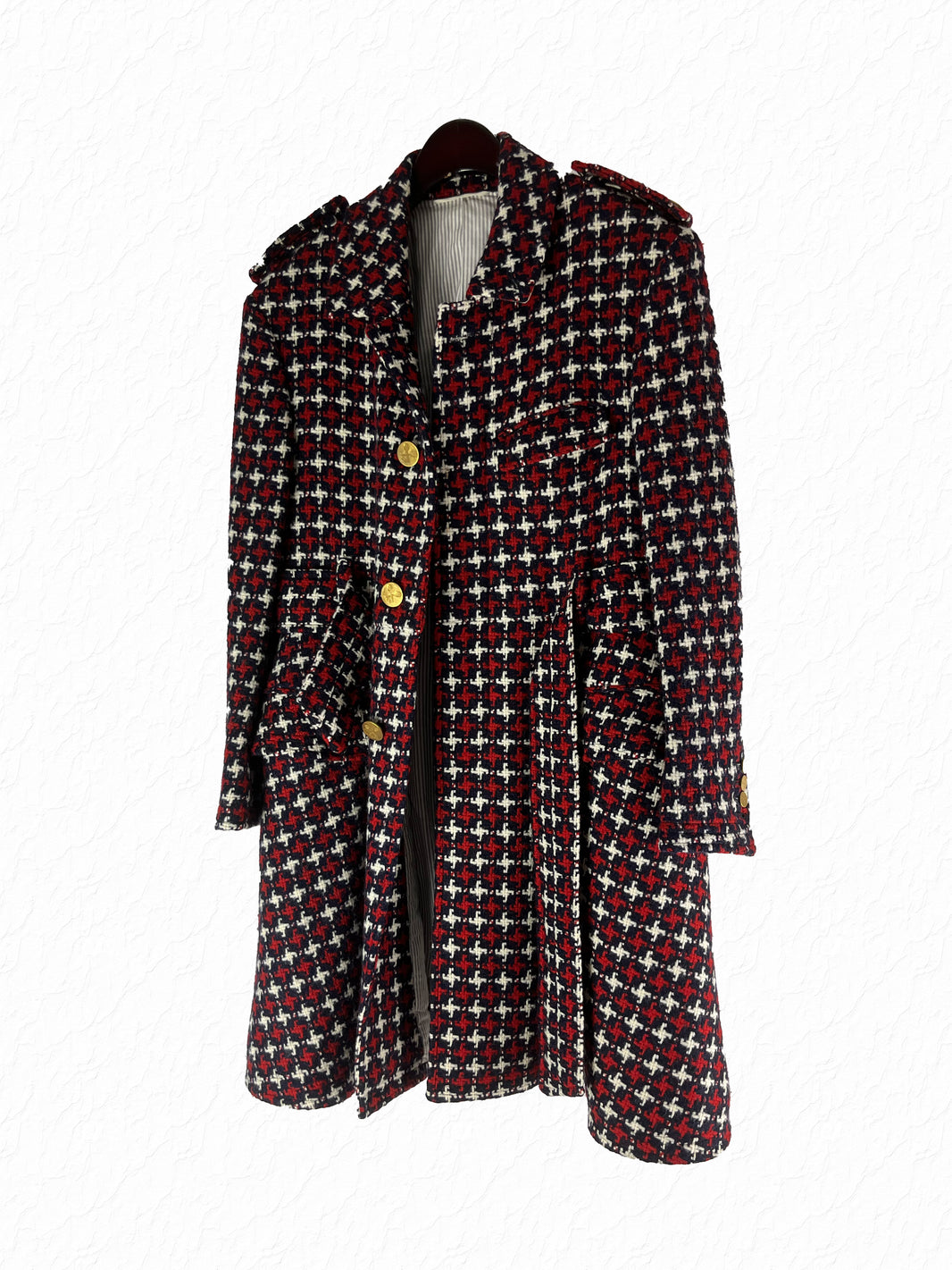 Thom Browne RWB dogtooth wool military coat in navy red houndstooth