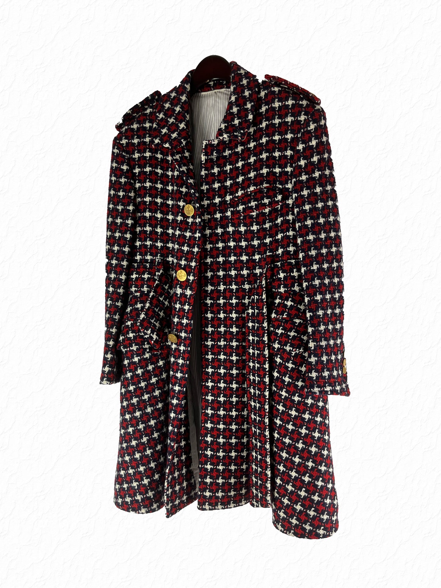 Thom Browne RWB dogtooth wool military coat in navy red houndstooth