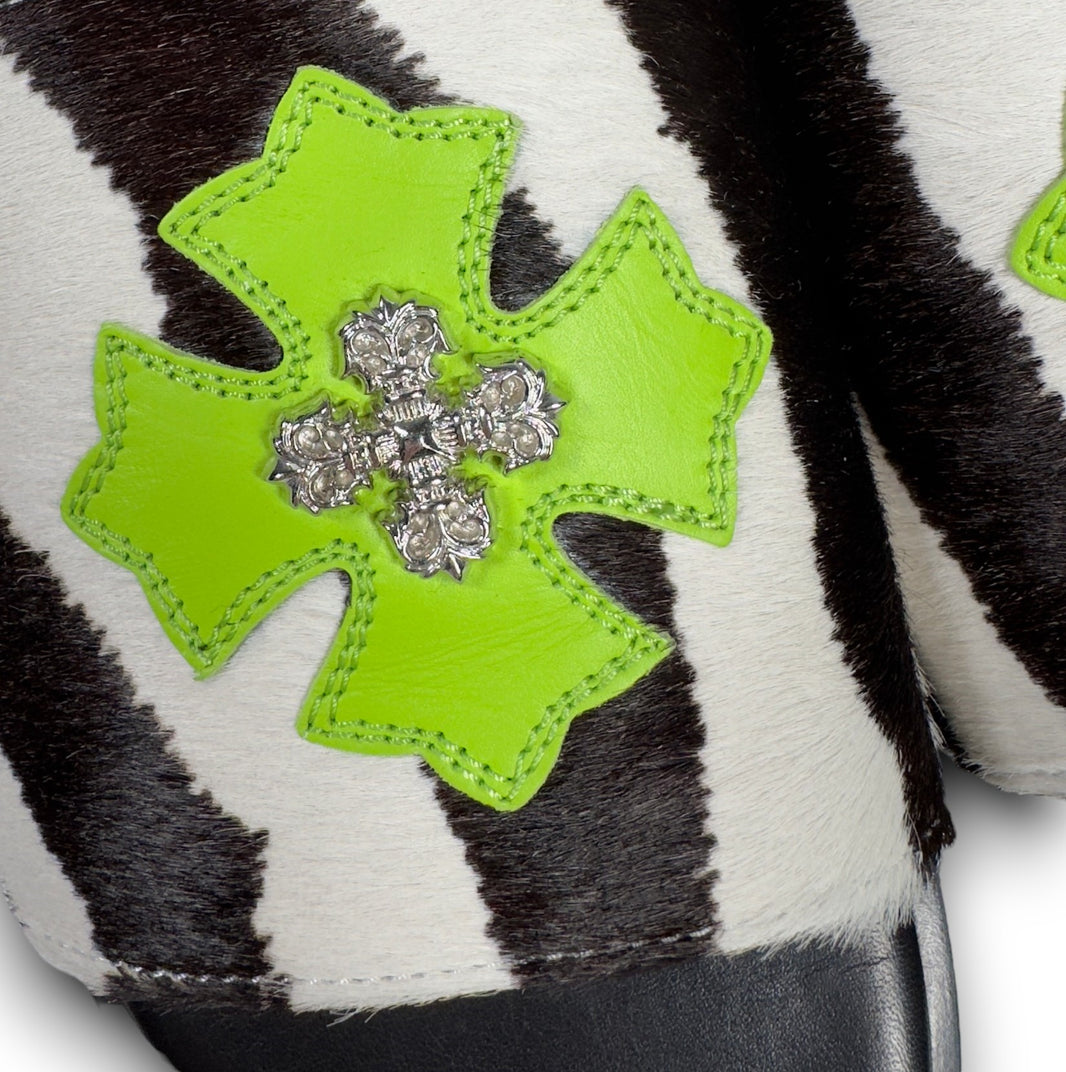 Chrome Hearts Zebra Pony Hair Green Plus Patch Slides Sterling Silver Hardware