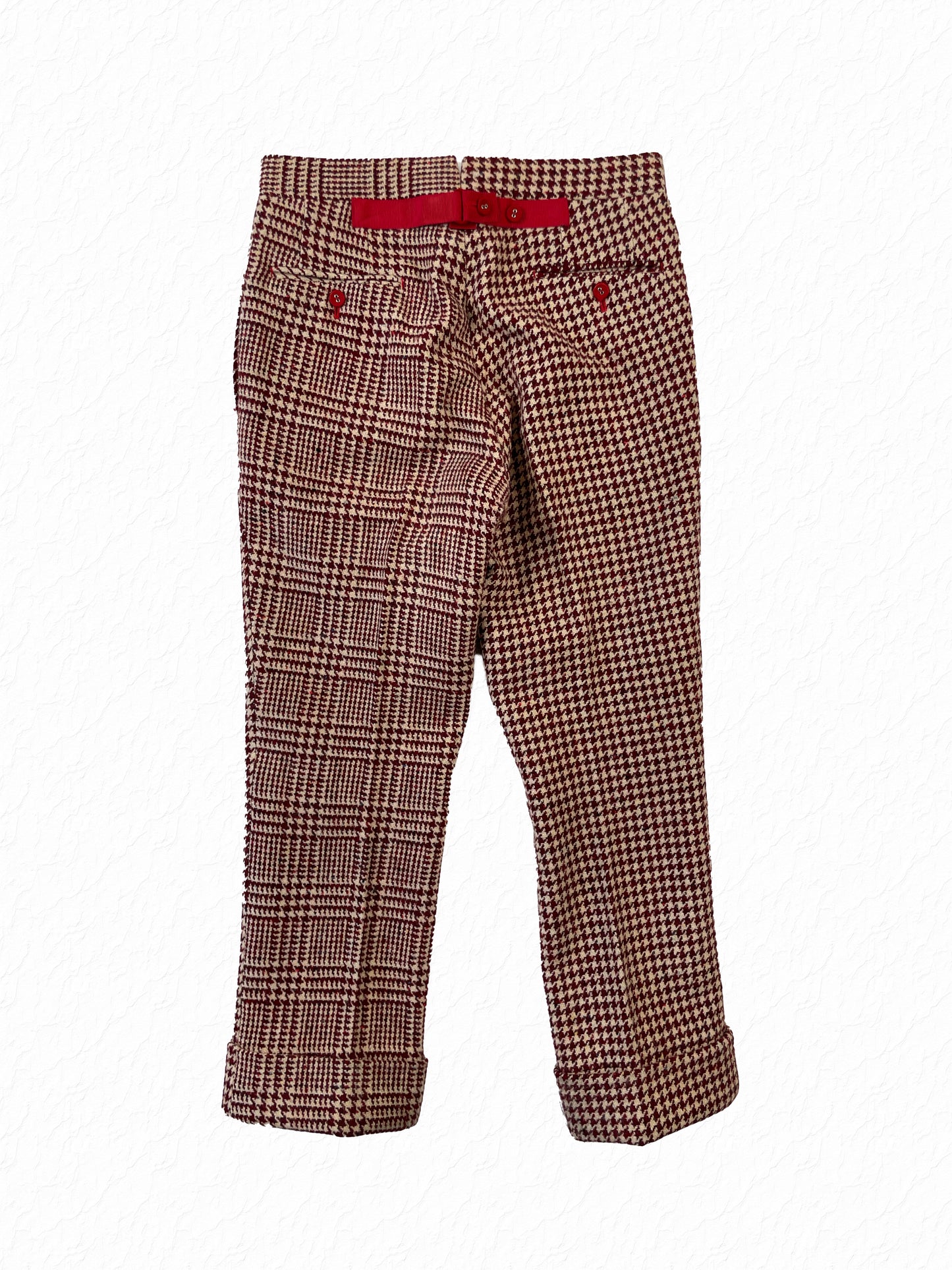 Red grosgrain backstrap on Thom Browne Fun Mix tweed trousers