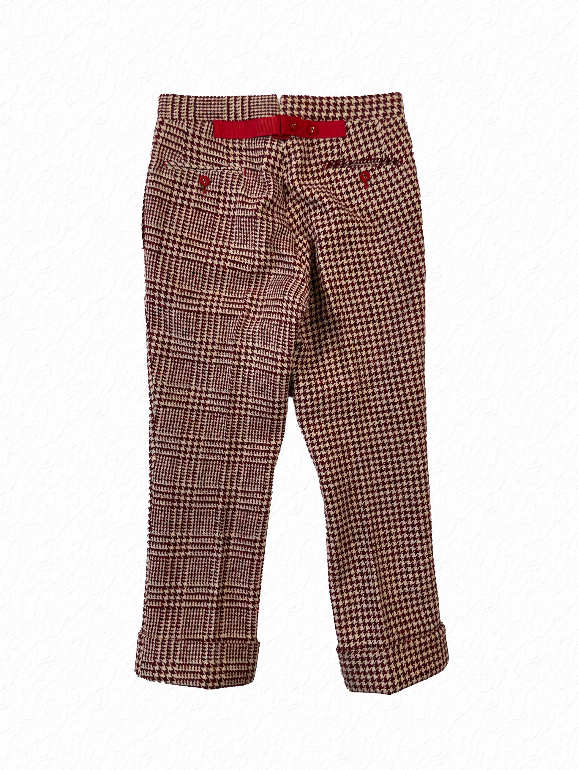 Red grosgrain backstrap on Thom Browne Fun Mix tweed trousers