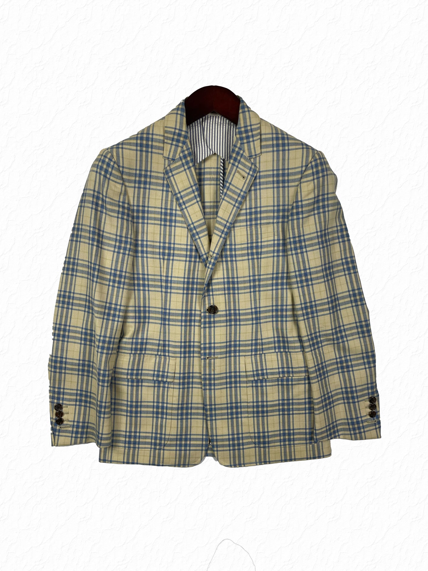 Thom Browne plaid wool sport coat in blue and yellow check