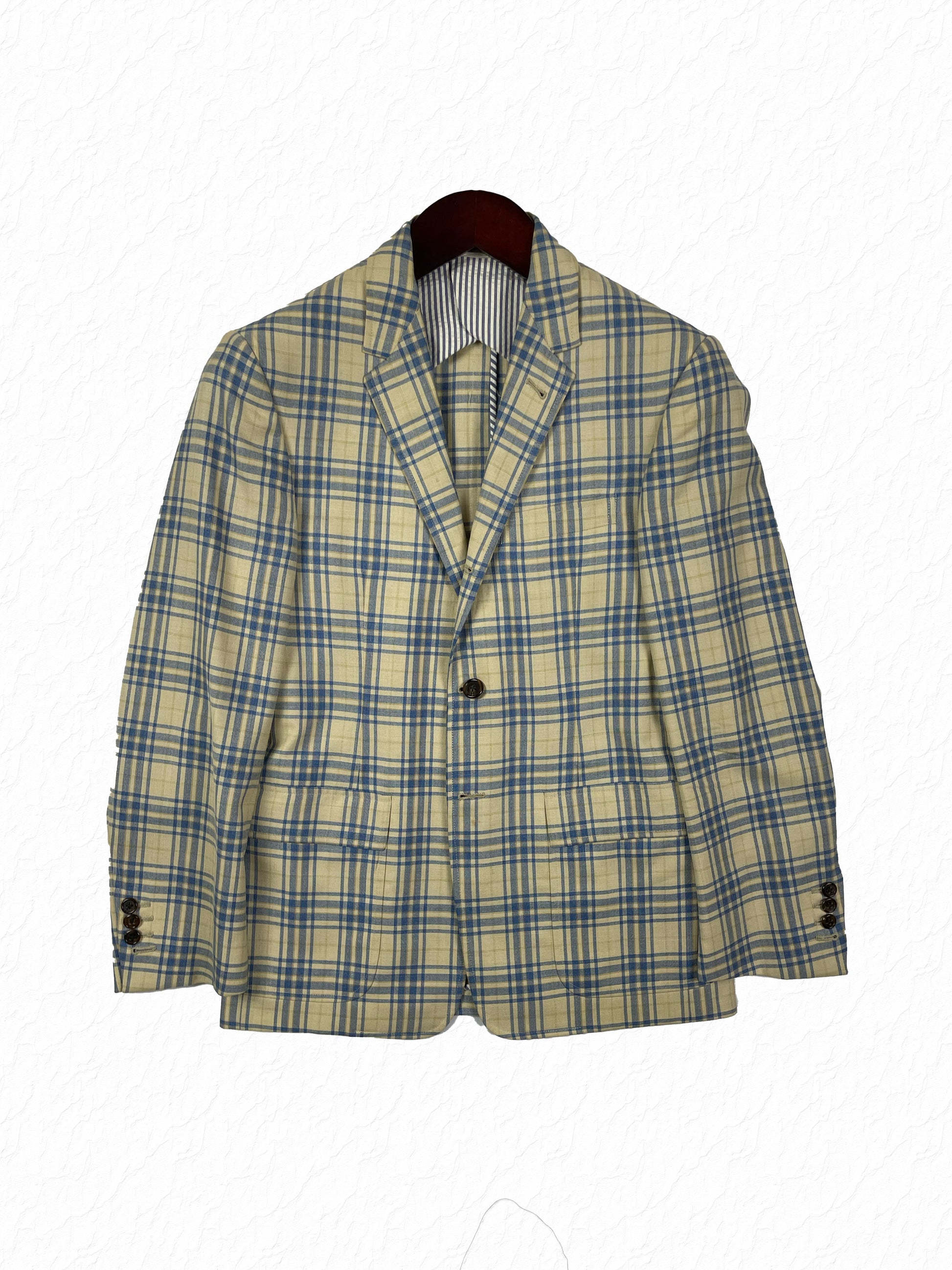Thom Browne plaid wool sport coat in blue and yellow check