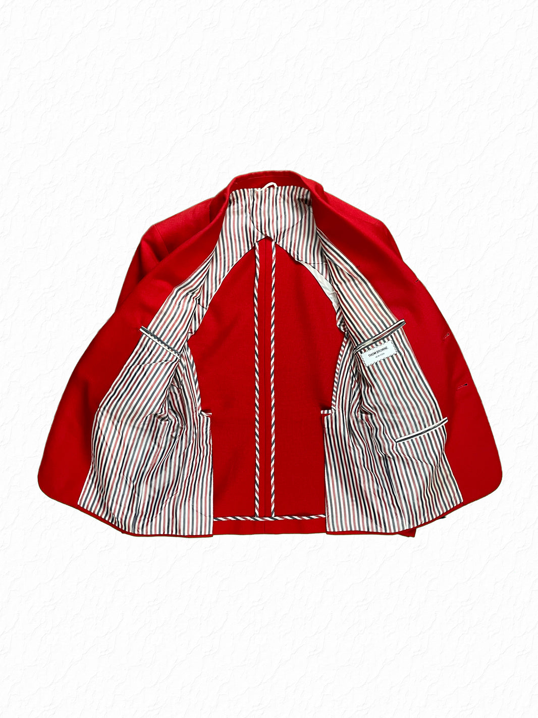 Thom Browne red mohair sport jacket with RWB tricolor grosgrain striped lining