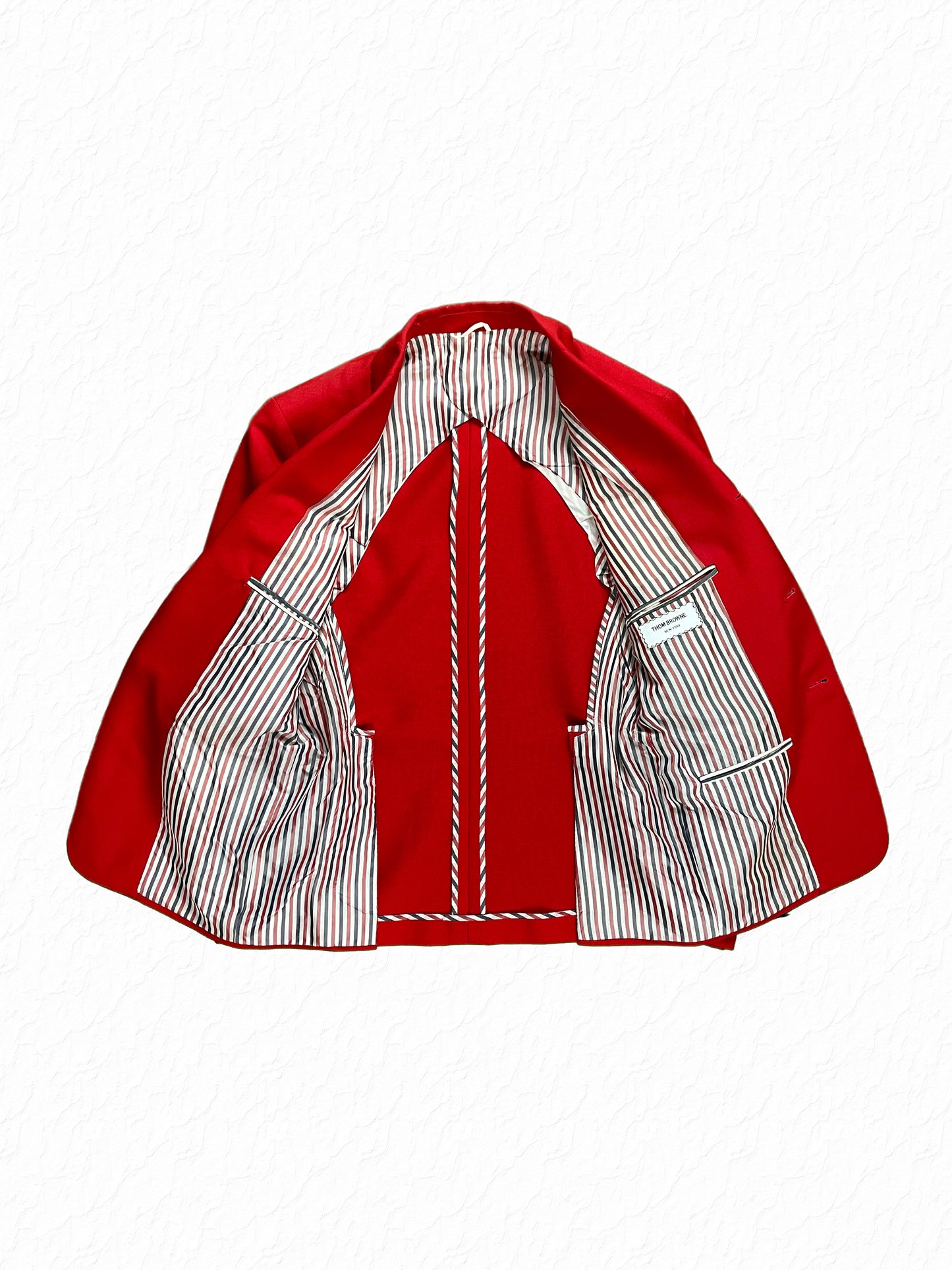 Thom Browne red mohair sport jacket with RWB tricolor grosgrain striped lining