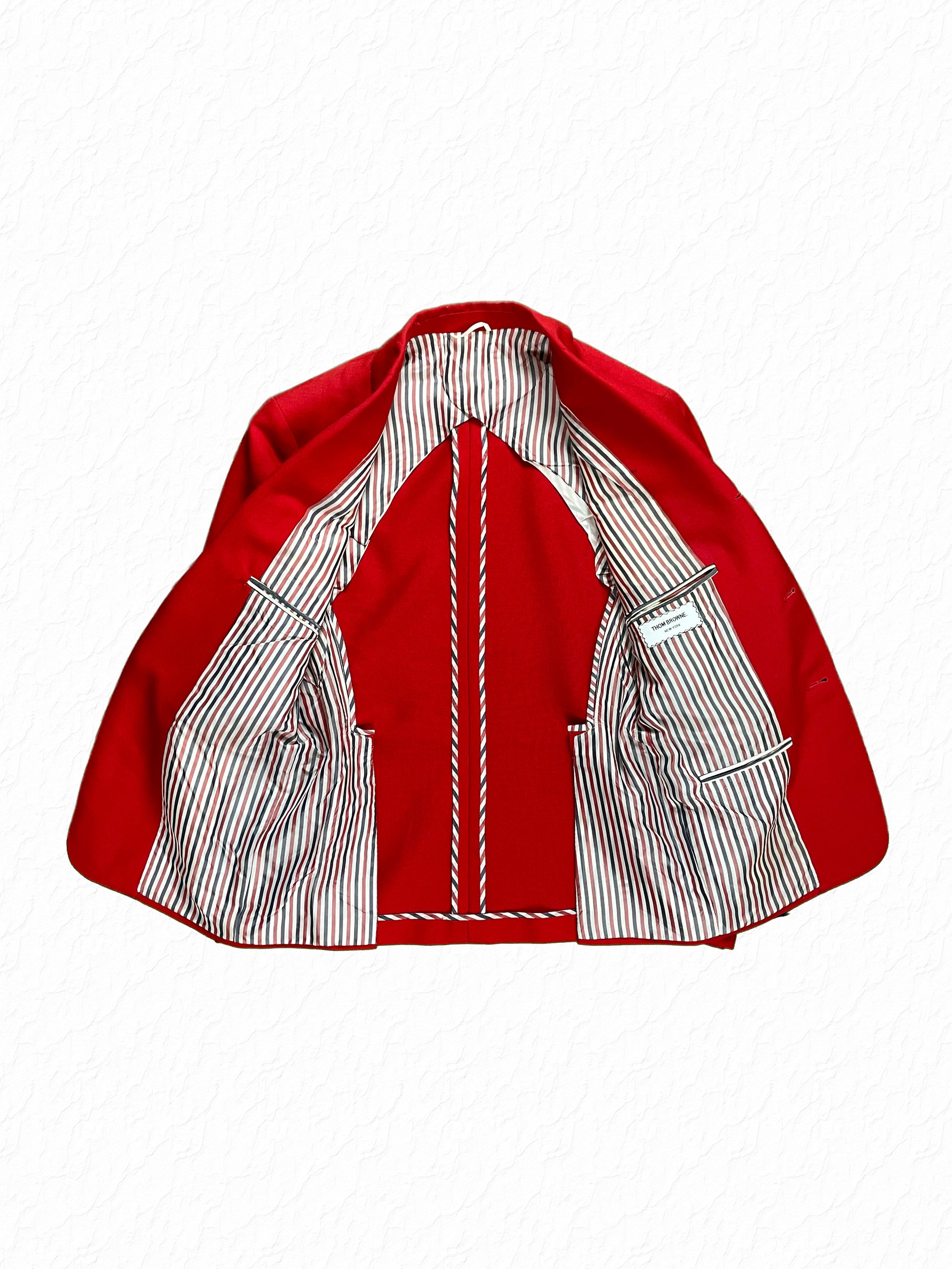 Thom Browne red mohair sport jacket with RWB tricolor grosgrain striped lining