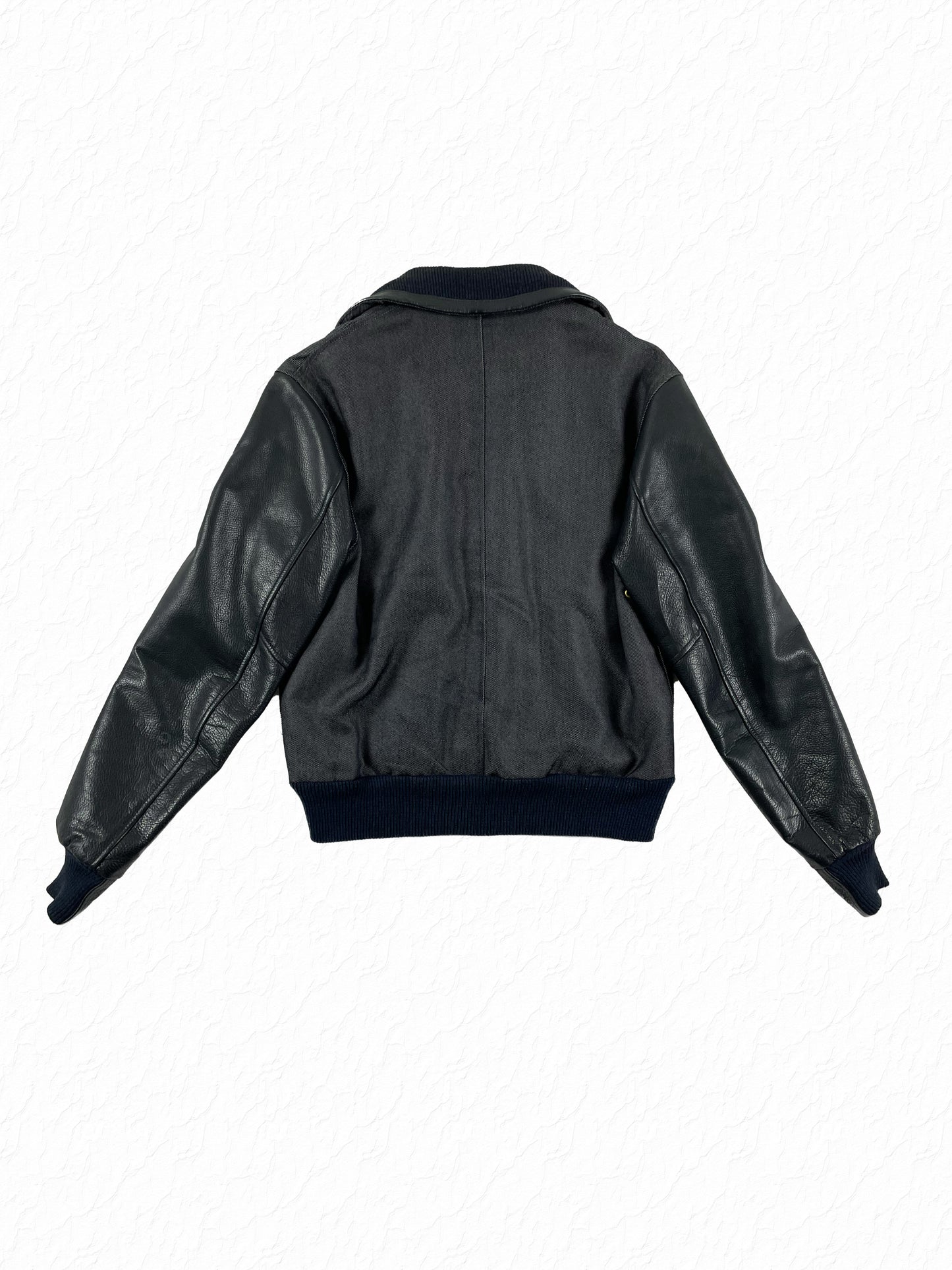 Black leather sleeve varsity jacket by Thom Browne in navy denim