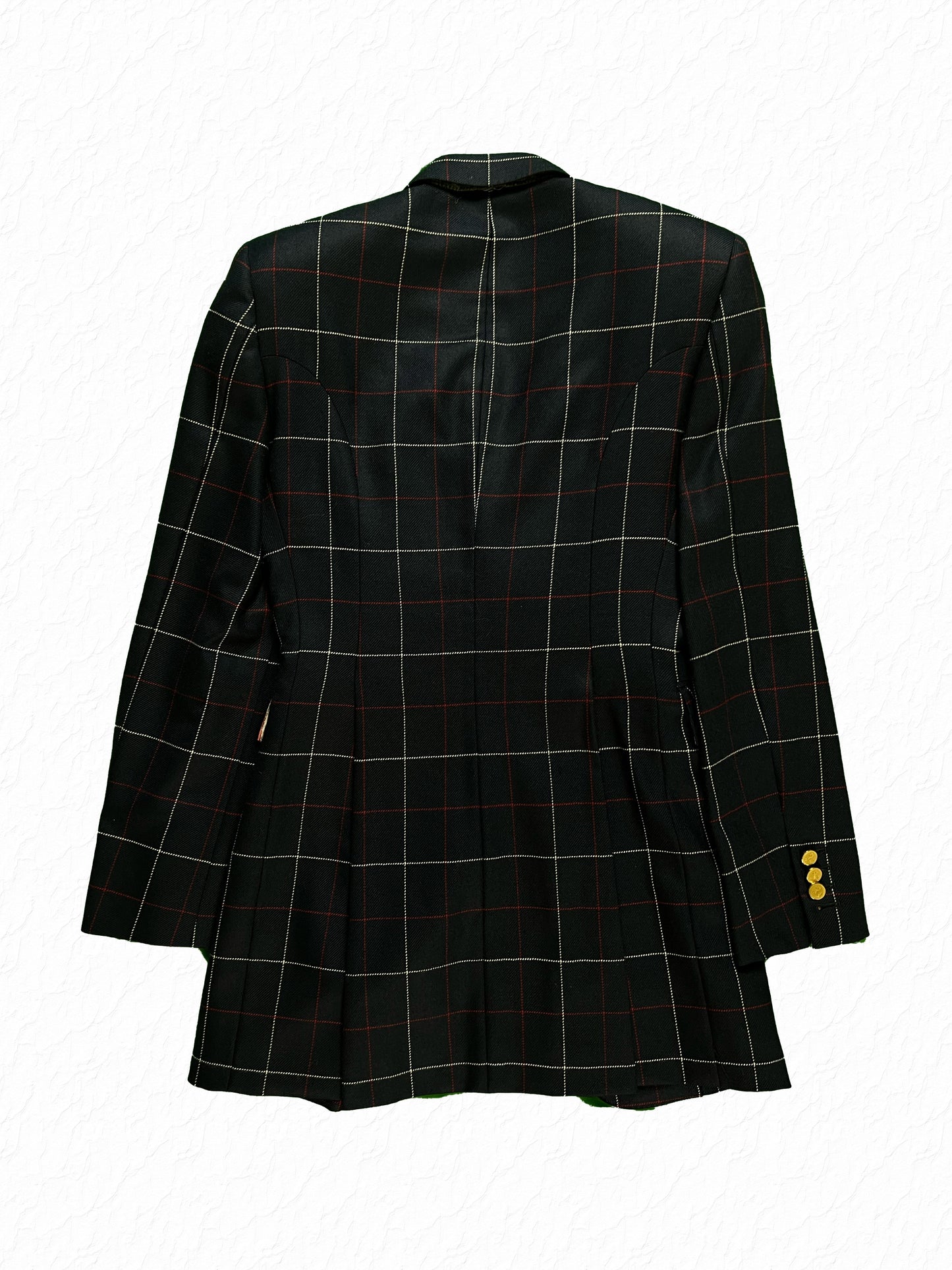 Gold engraved buttons on Thom Browne navy windowpane flannel sport coat