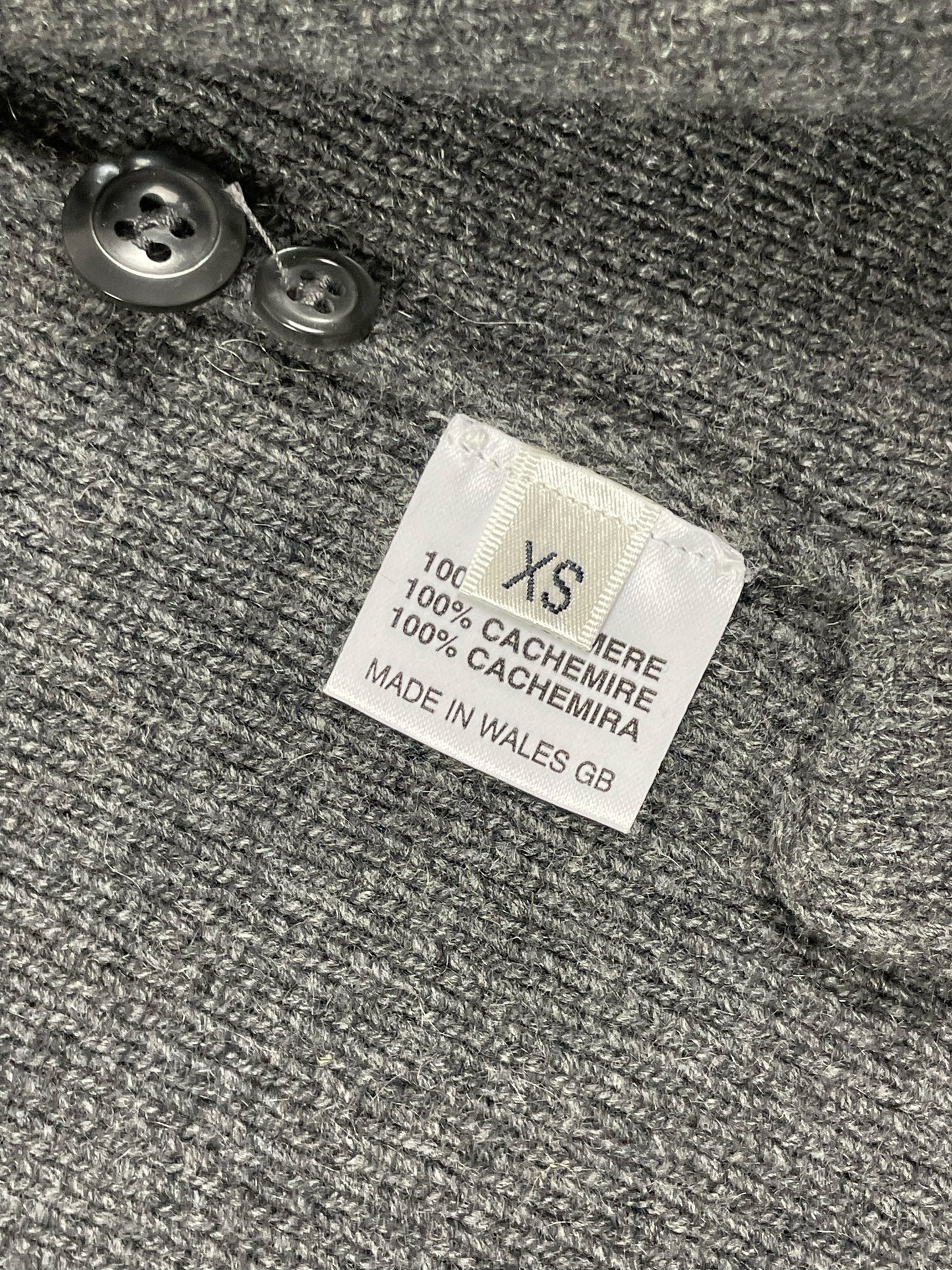 Grey cashmere Thom Browne hooded cardigan with tonal grosgrain placket buttons