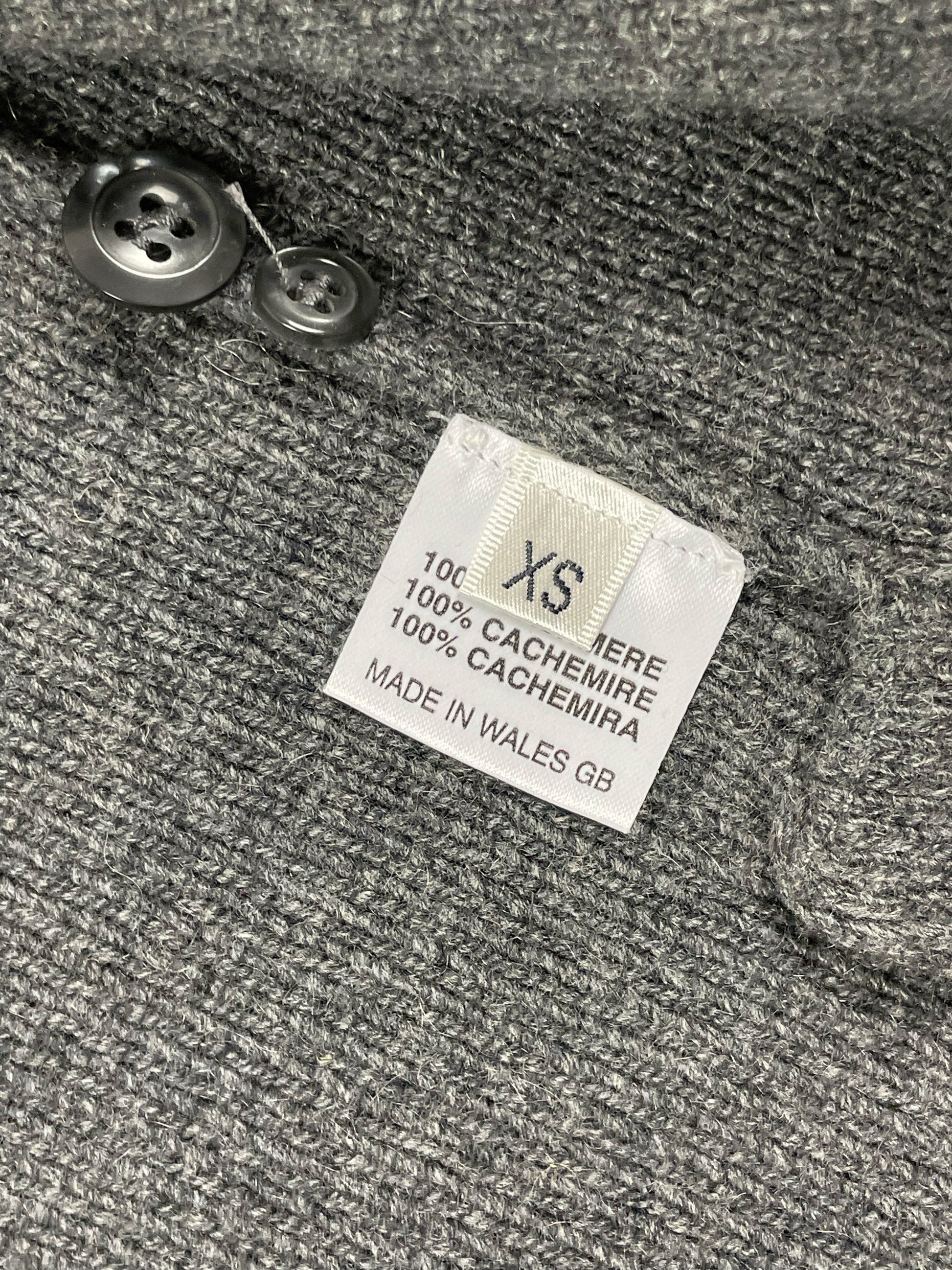 Grey cashmere Thom Browne hooded cardigan with tonal grosgrain placket buttons
