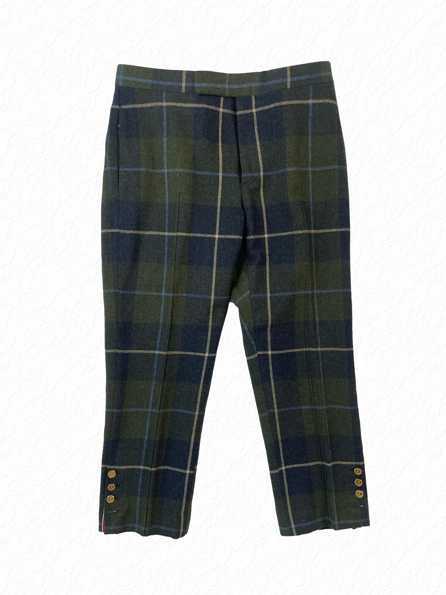 Thom Browne tartan plaid wool trousers in green and navy