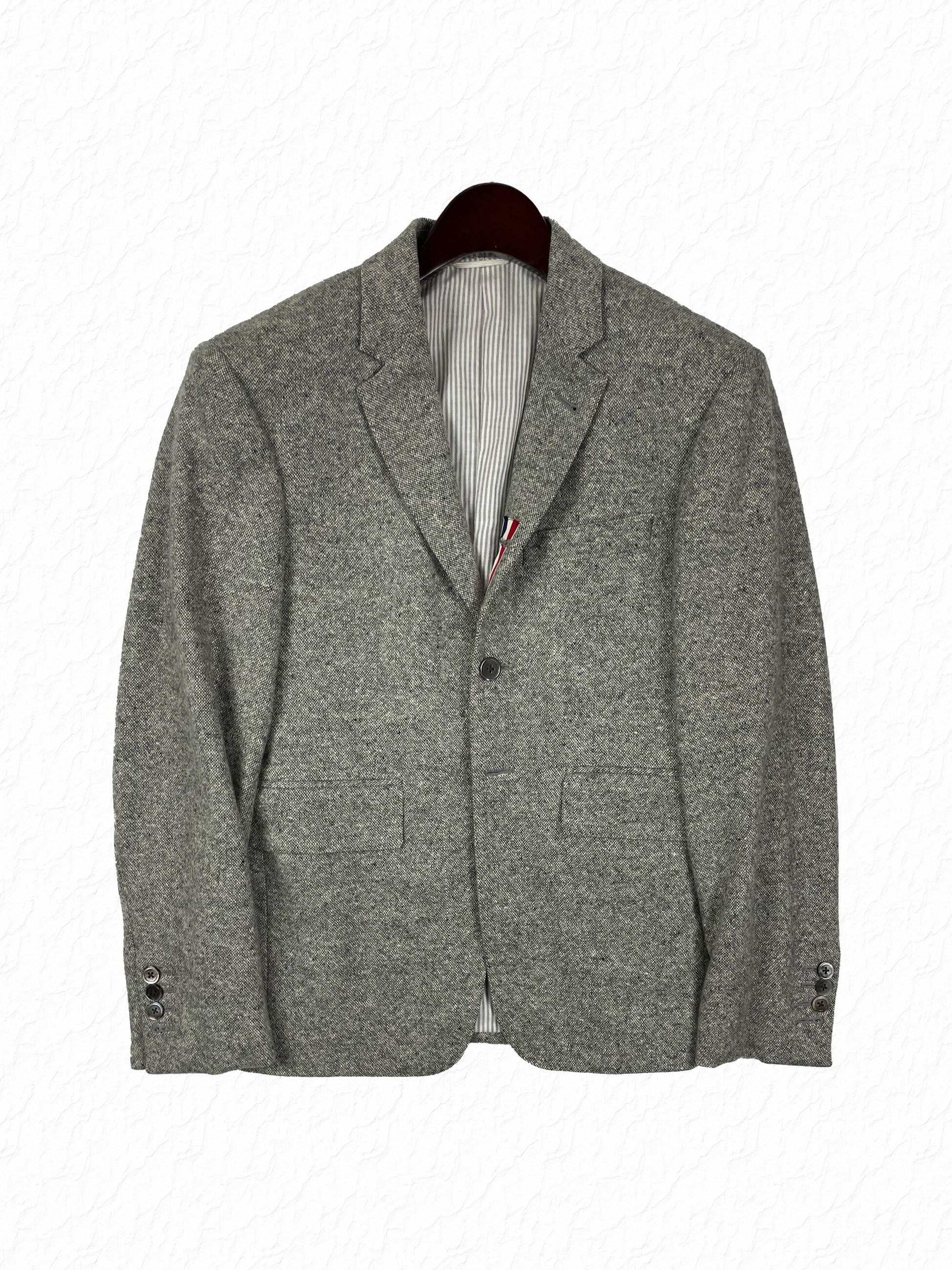 Thom Browne salt and pepper grey tweed sport coat with notch lapels