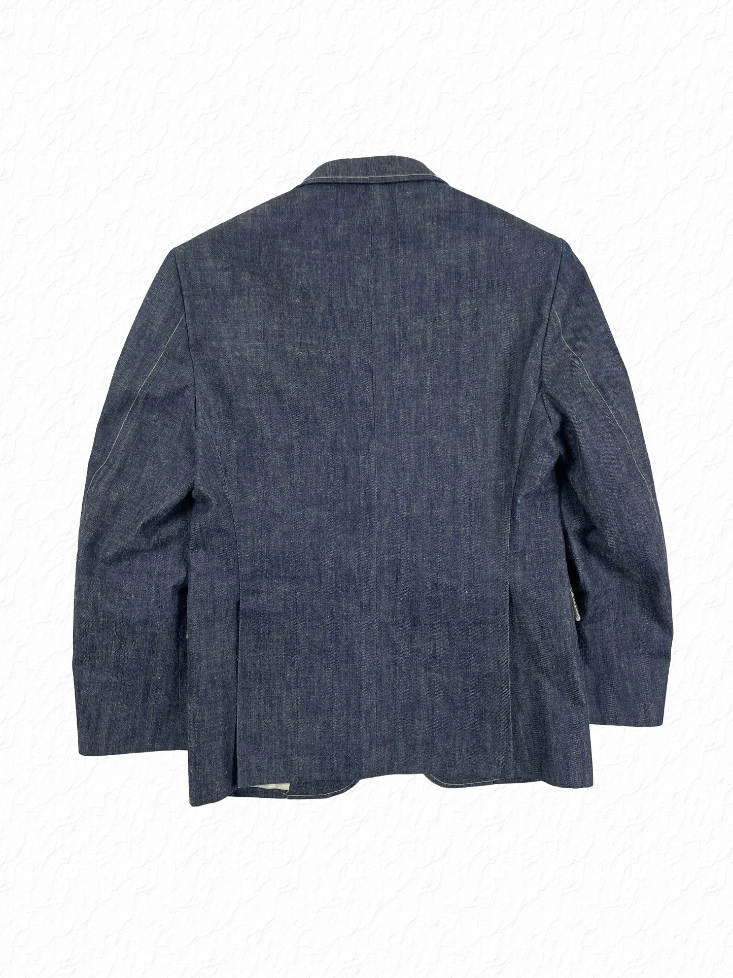 Indigo Japanese denim tailoring by Thom Browne with contrast white stitching