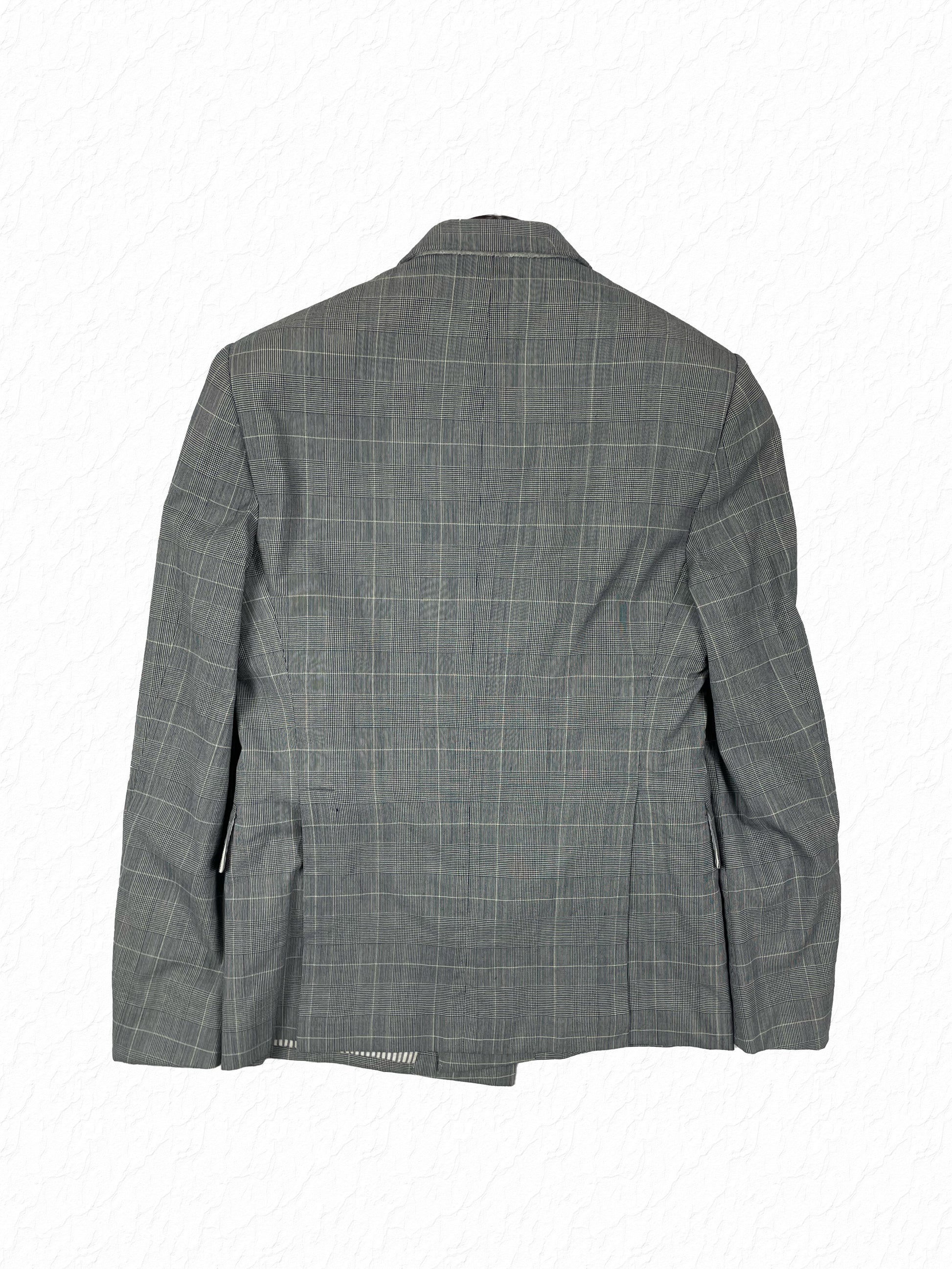 Glen plaid Thom Browne double breasted blazer with grey mother of pearl buttons