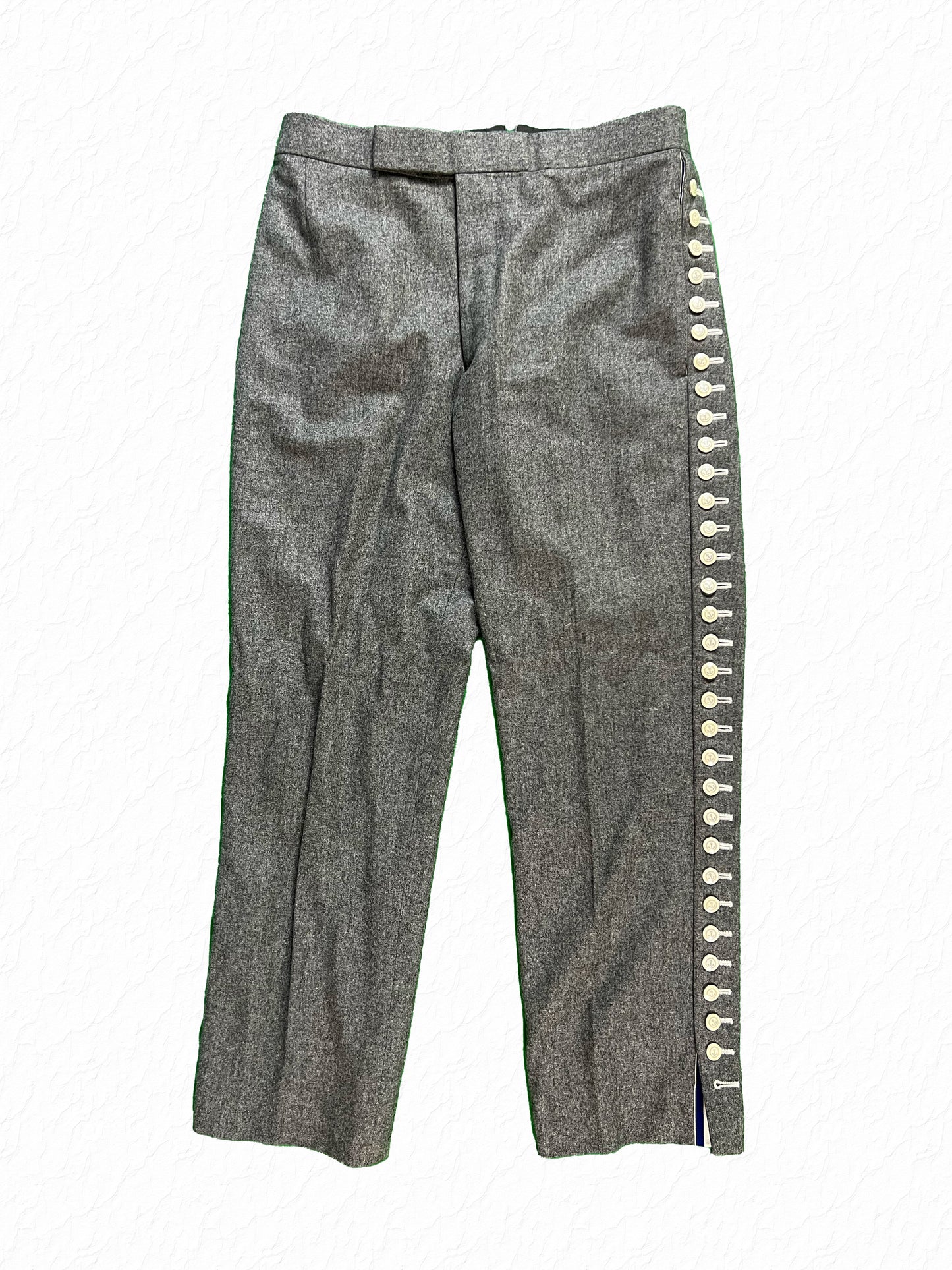 Thom Browne grey wool flannel trousers with anchor button leg fly