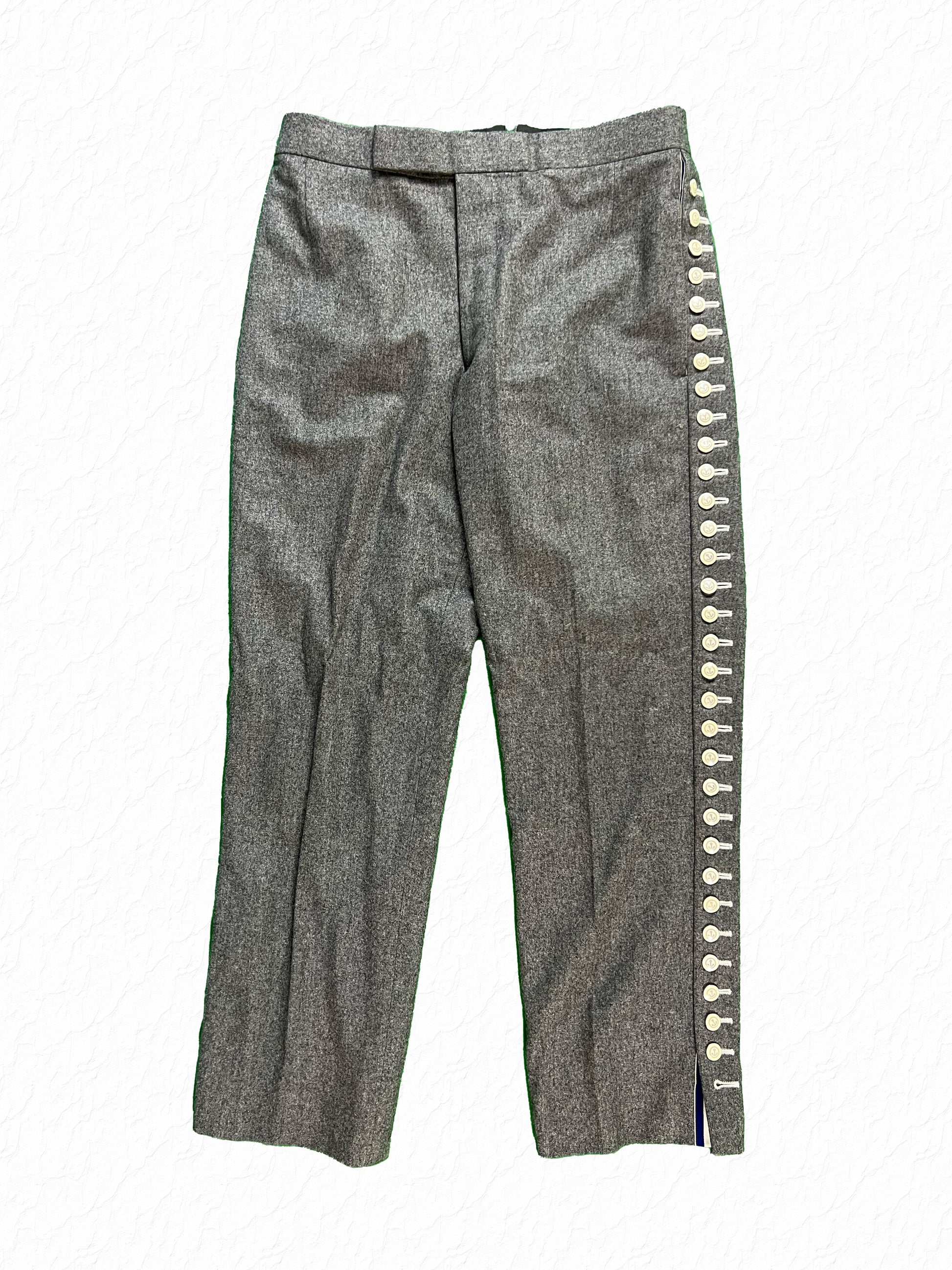 Thom Browne grey wool flannel trousers with anchor button leg fly