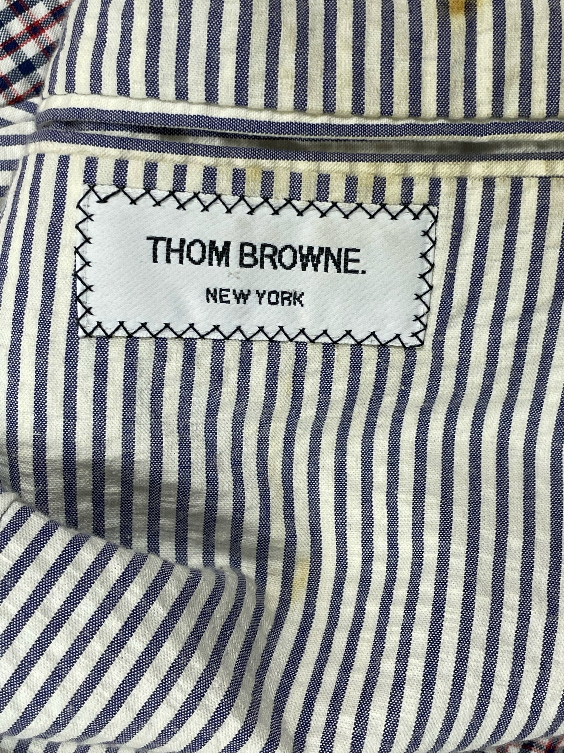 Thom Browne New York woven label on RWB gingham cotton sport coat