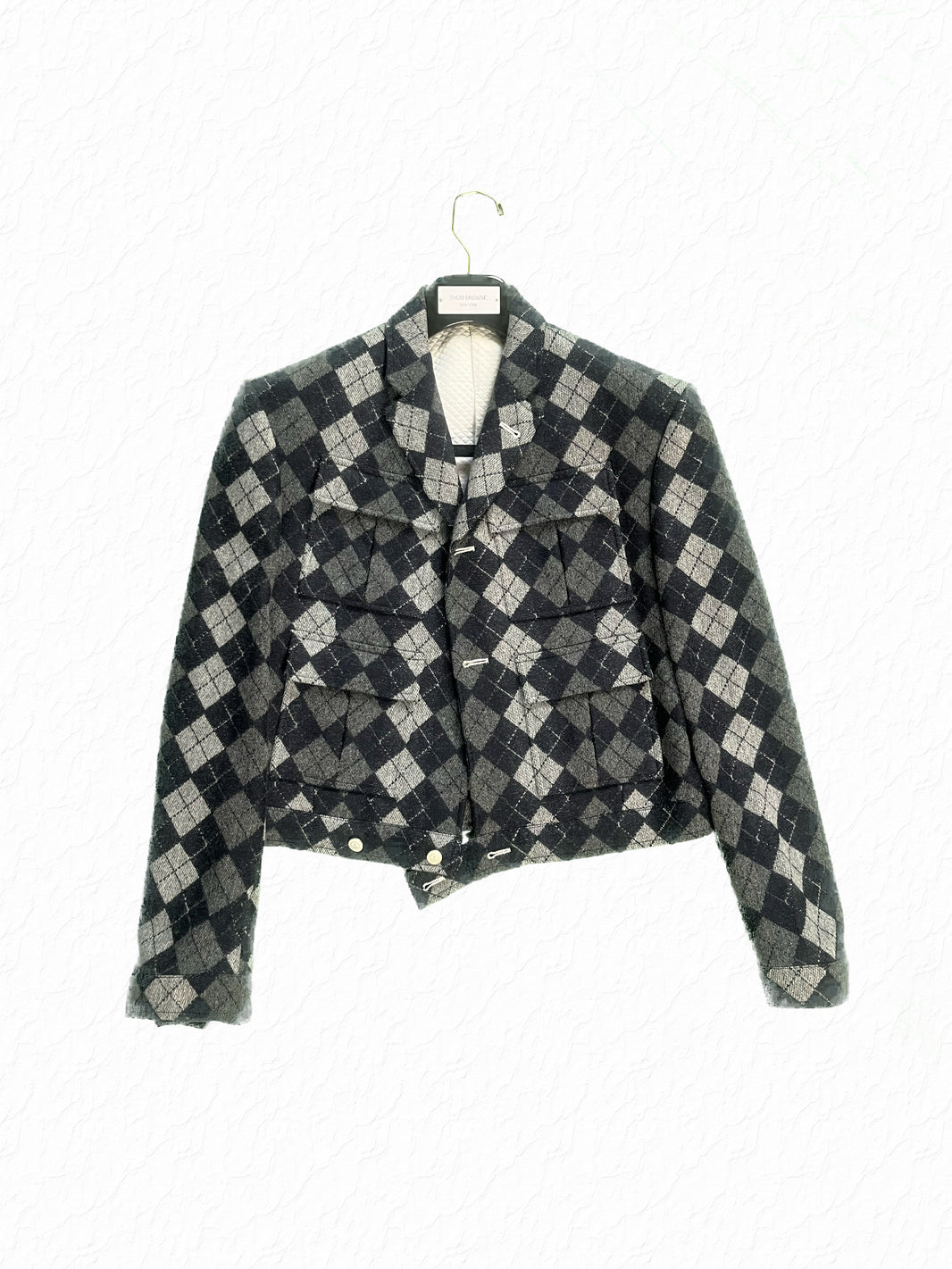 Thom Browne argyle cashmere Eisenhower jacket in grey and navy