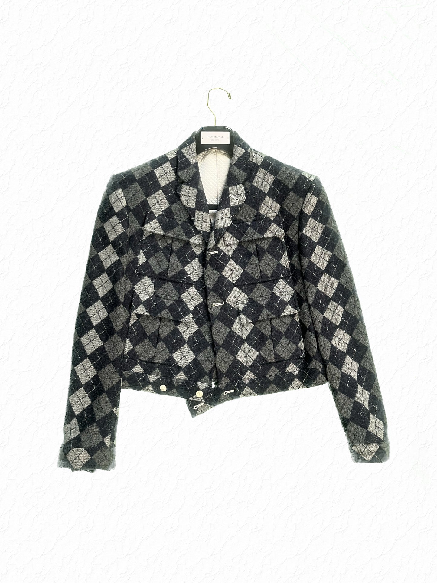 Thom Browne argyle cashmere Eisenhower jacket in grey and navy