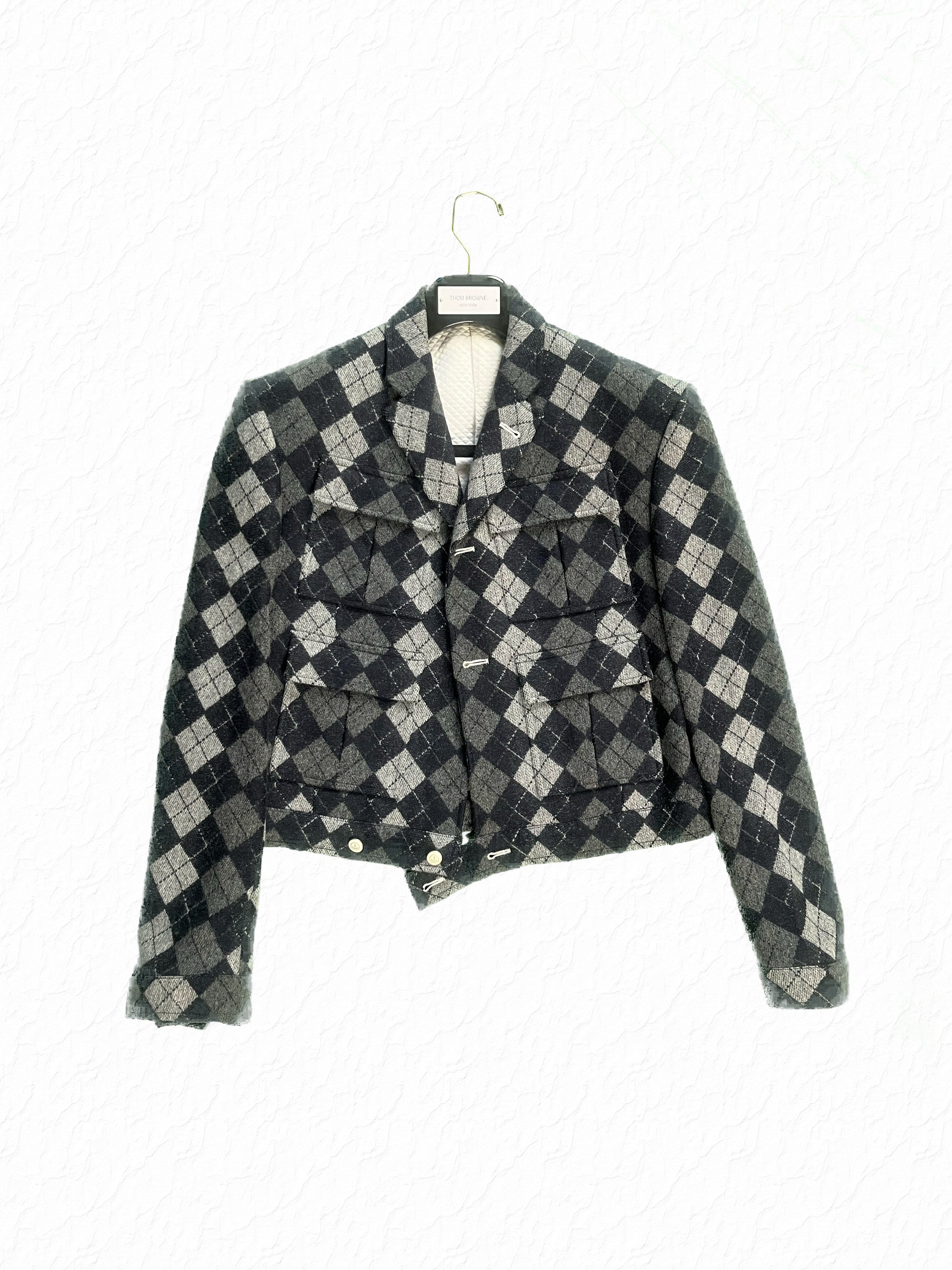 Thom Browne argyle cashmere Eisenhower jacket in grey and navy