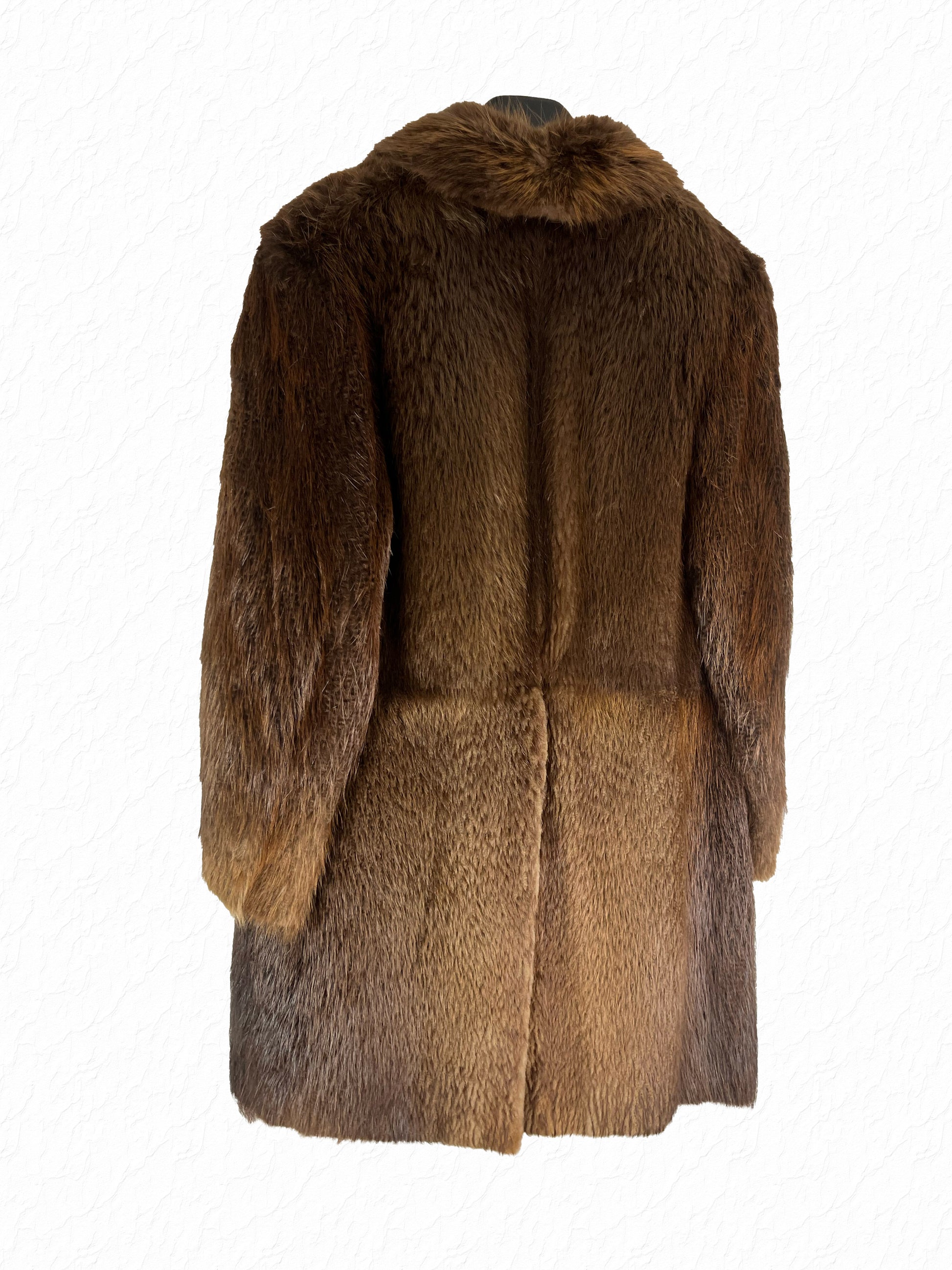 Hand stitched red white blue interior trim on Thom Browne beaver fur coat