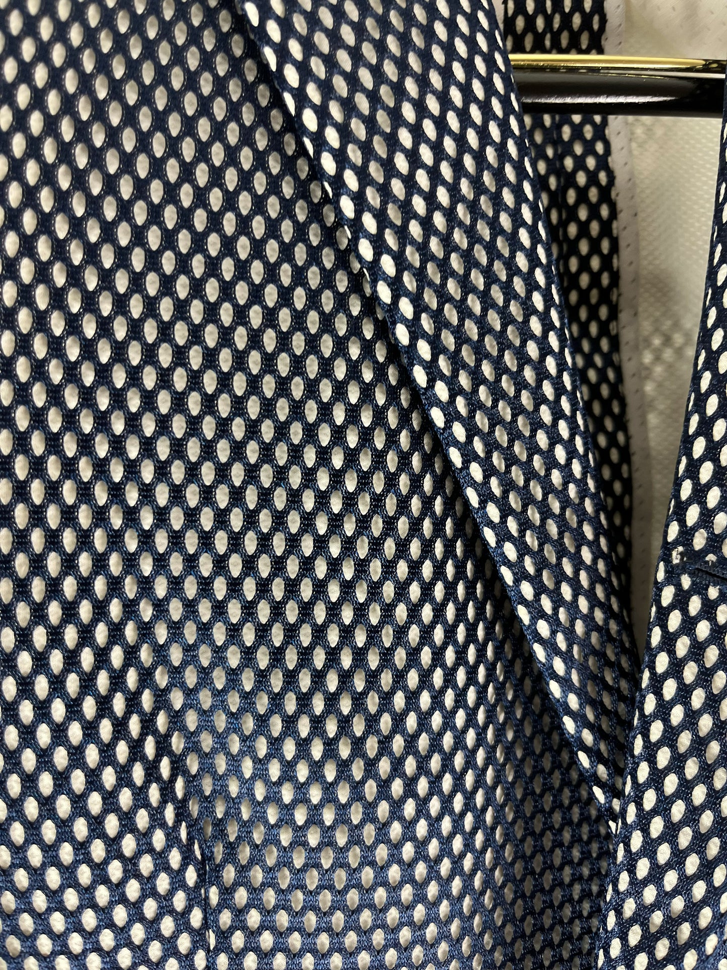 Navy open-weave mesh texture on Thom Browne Marcella suit