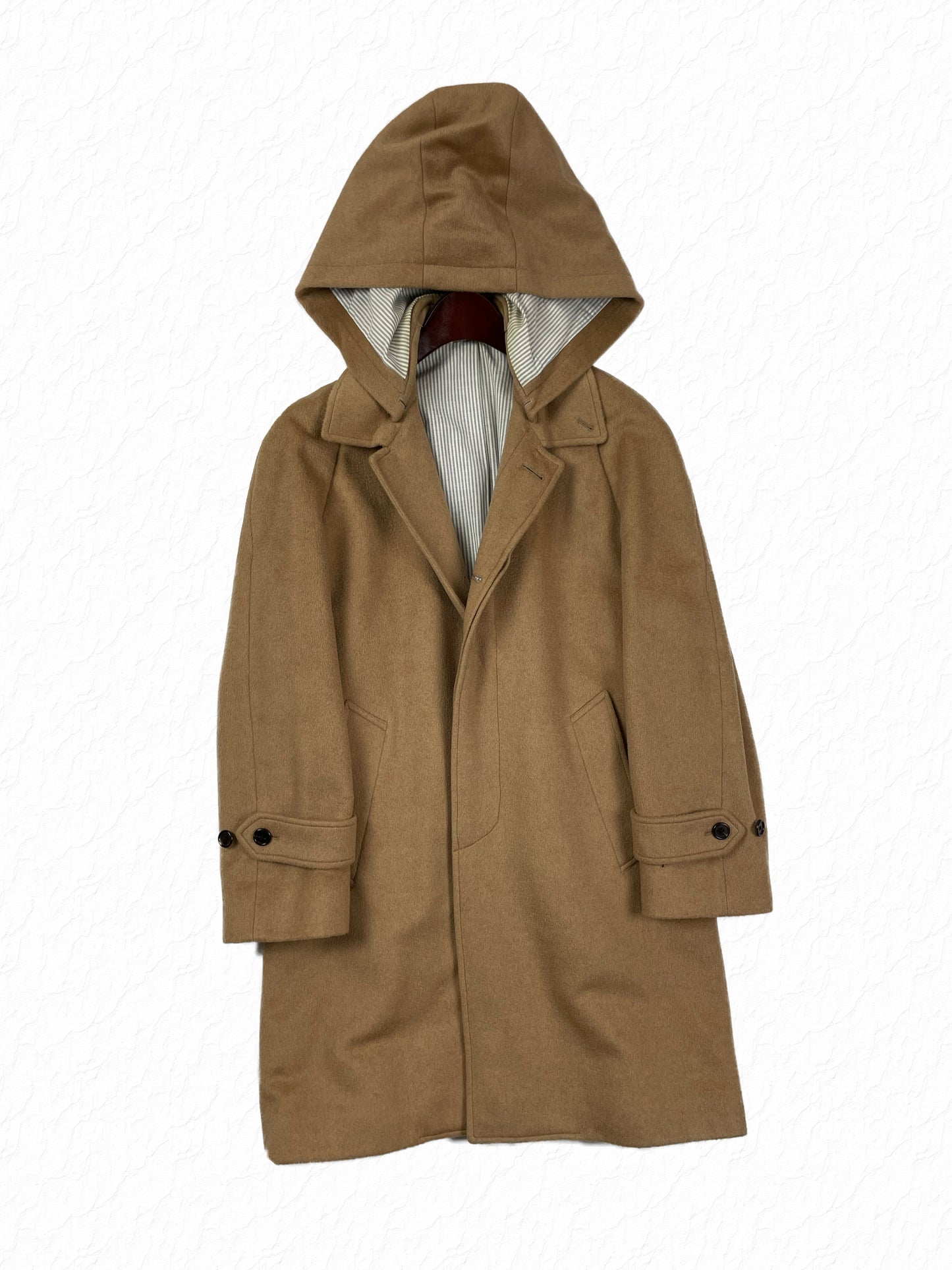 Thom Browne camel hair hooded car coat in tan camel wool