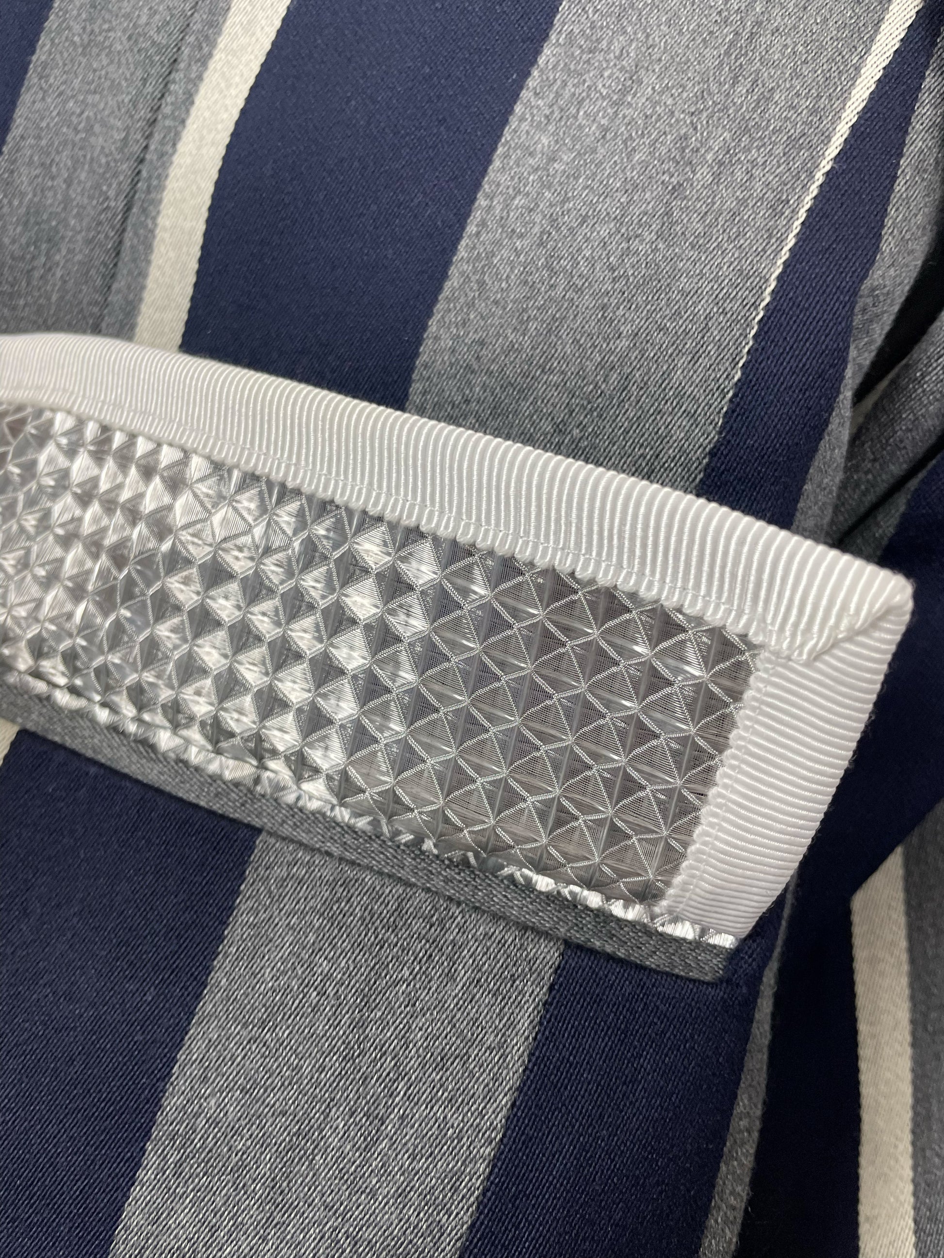 Thom Browne New York woven brand label on striped wool blazer