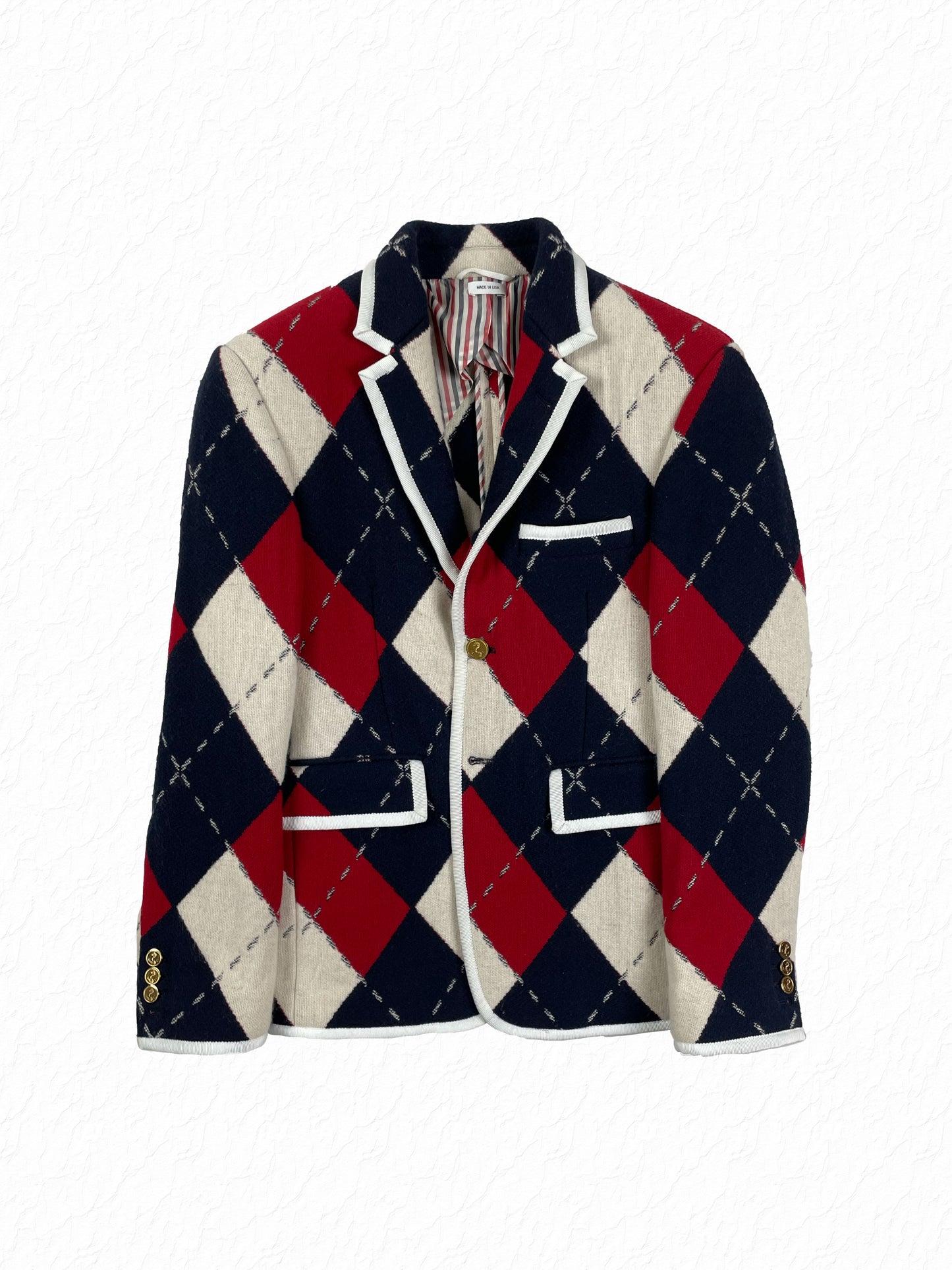 Thom Browne Big Argyle sport coat in red, white, and blue knit