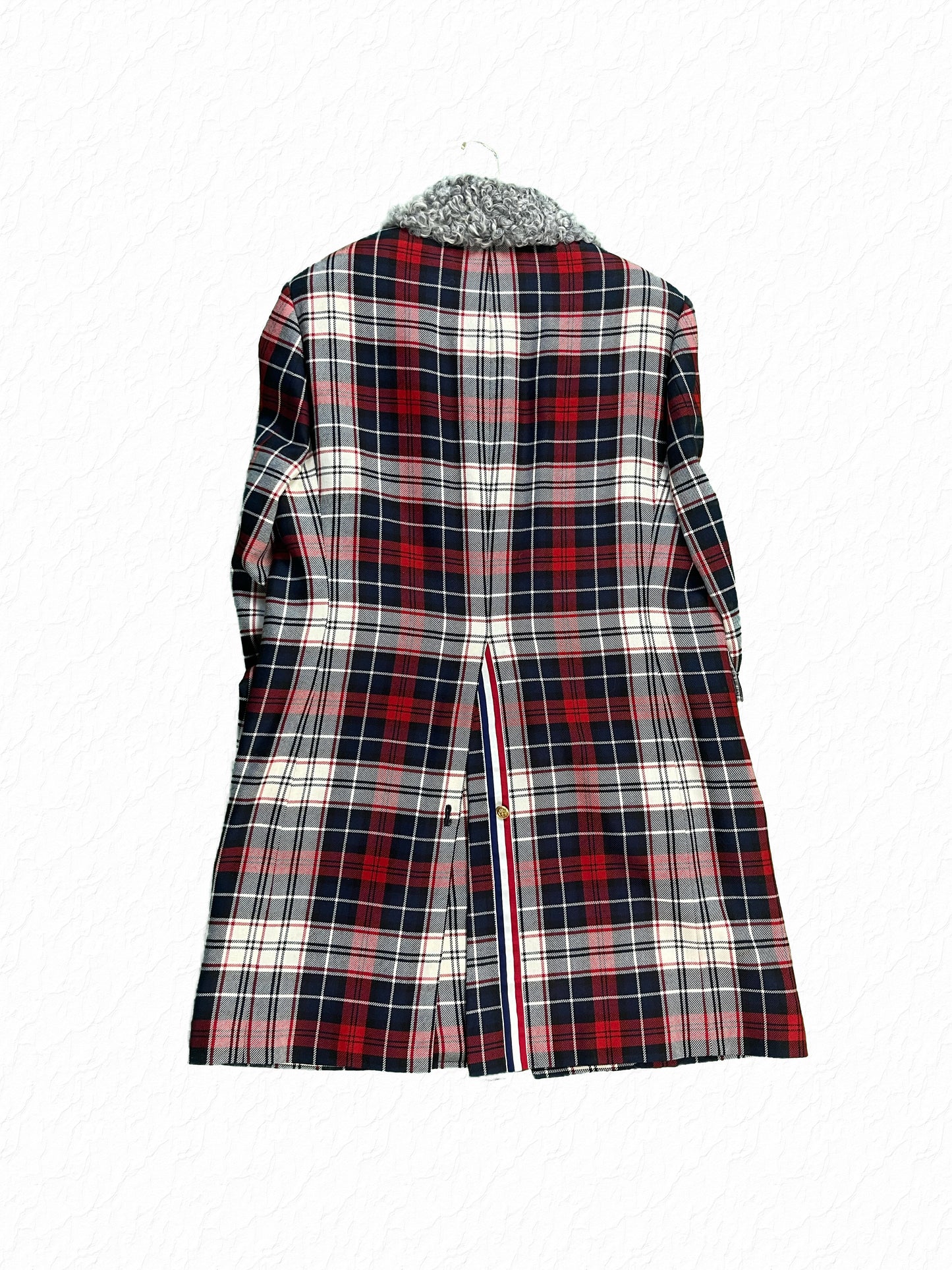 RWB tricolor grosgrain placket and gold buttons on Thom Browne tartan overcoat