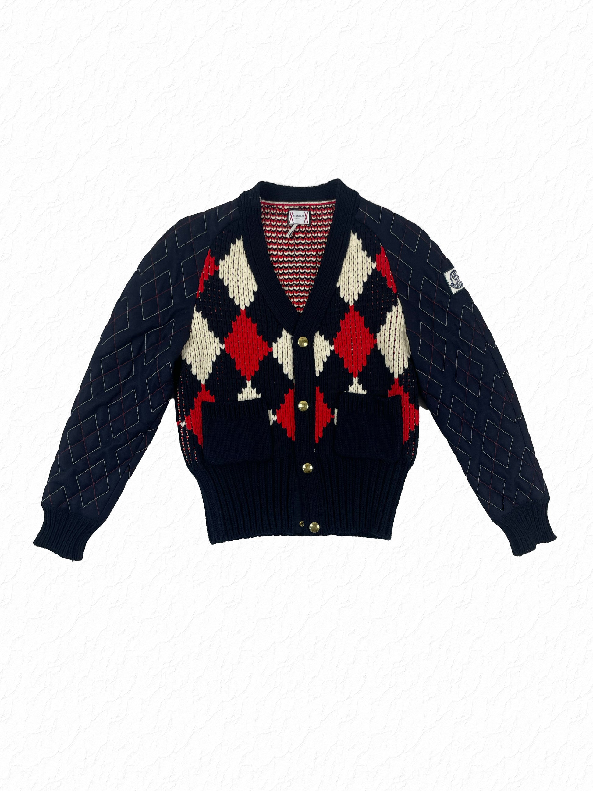 Moncler Gamme Bleu argyle cardigan navy wool knit with red and white diamonds