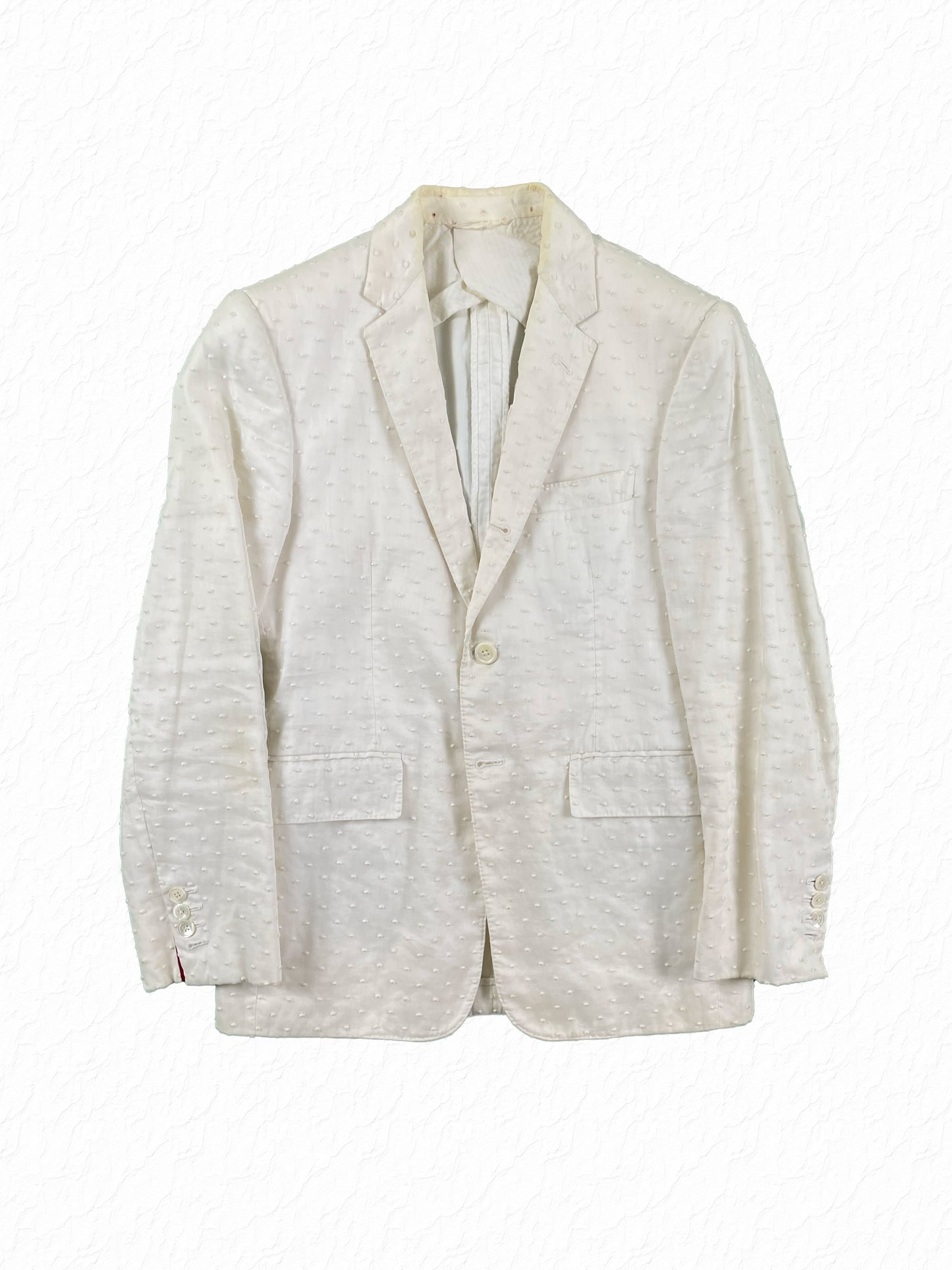 Thom Browne Swiss dot white cotton blazer with notched lapel and single button closure