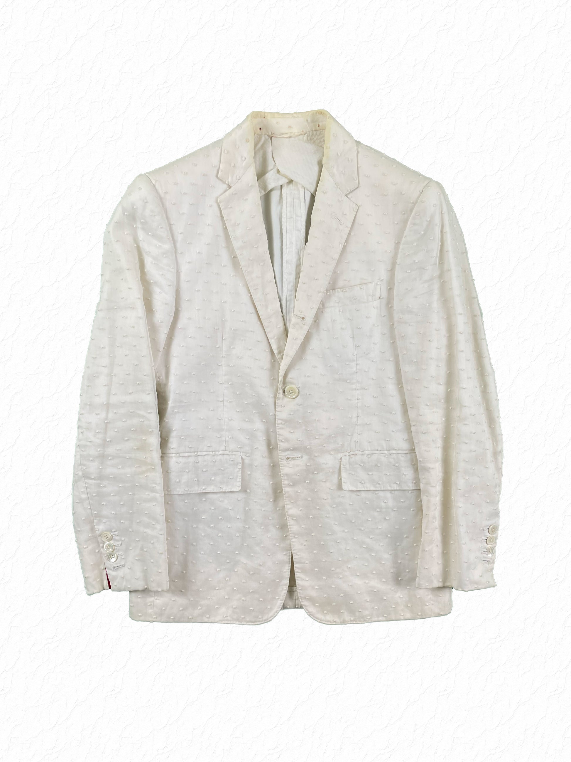 Thom Browne Swiss dot white cotton blazer with notched lapel and single button closure