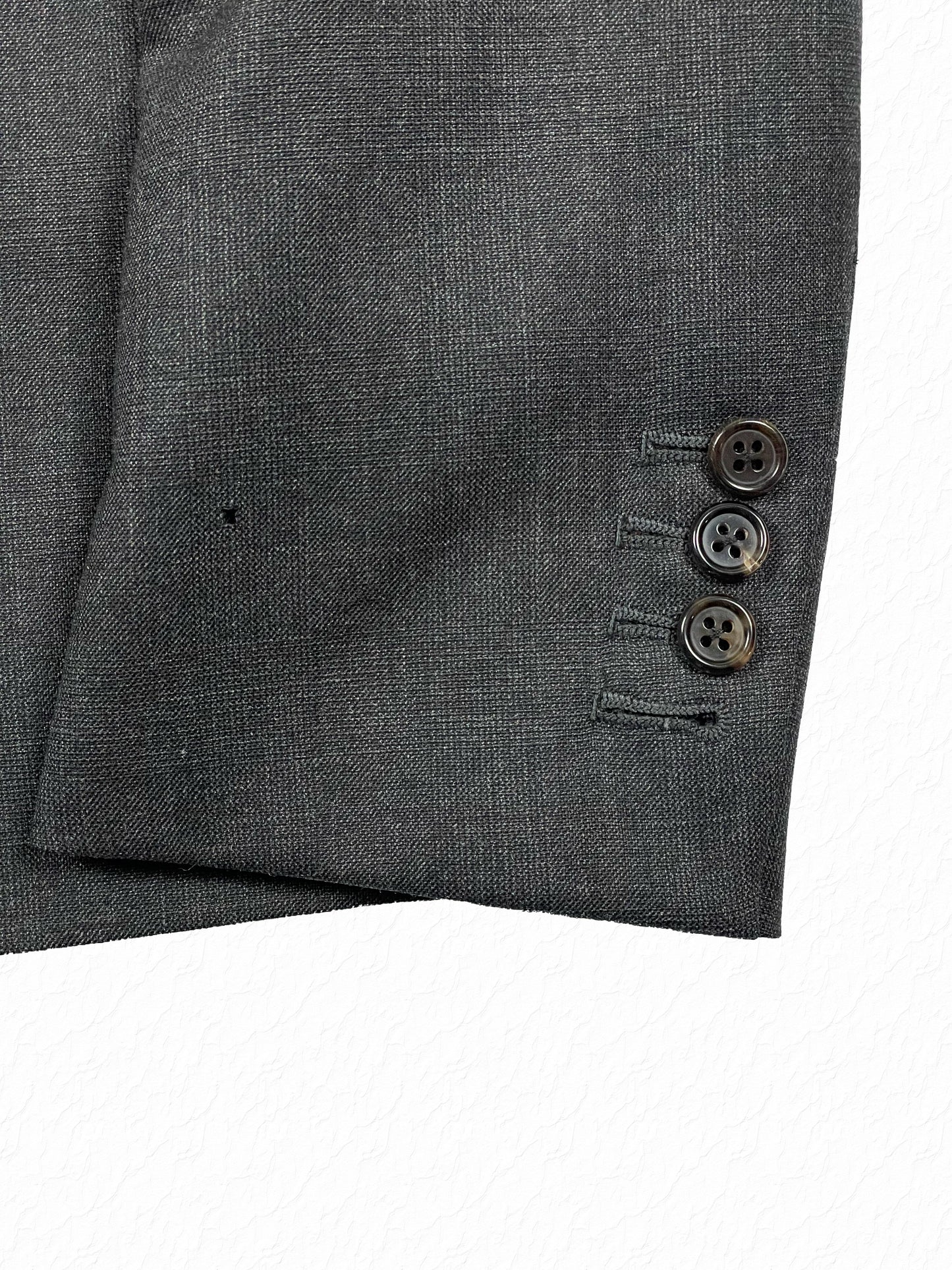 Thom Browne wool sport coat sleeve buttons and grey grosgrain trim