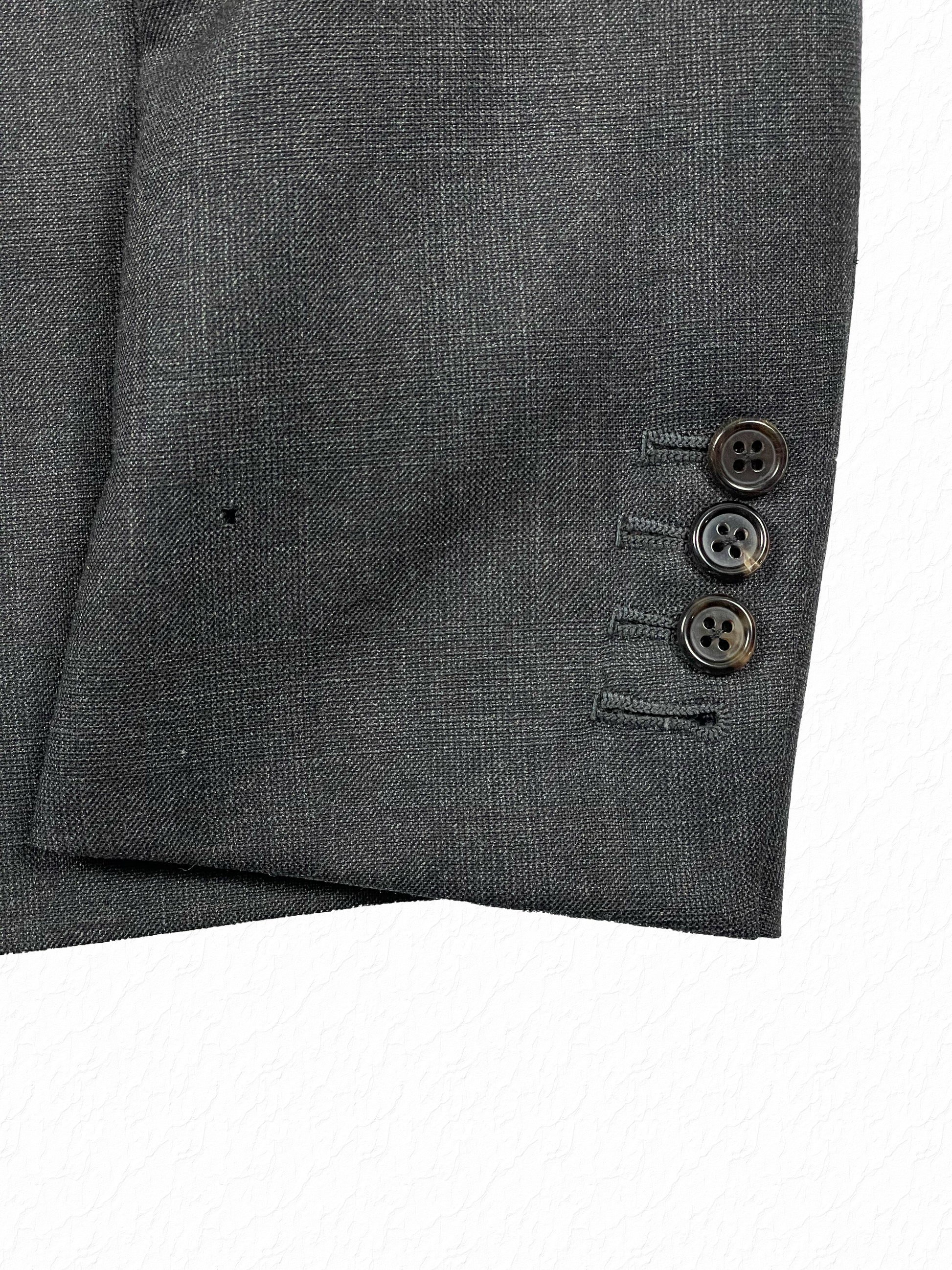 Thom Browne wool sport coat sleeve buttons and grey grosgrain trim