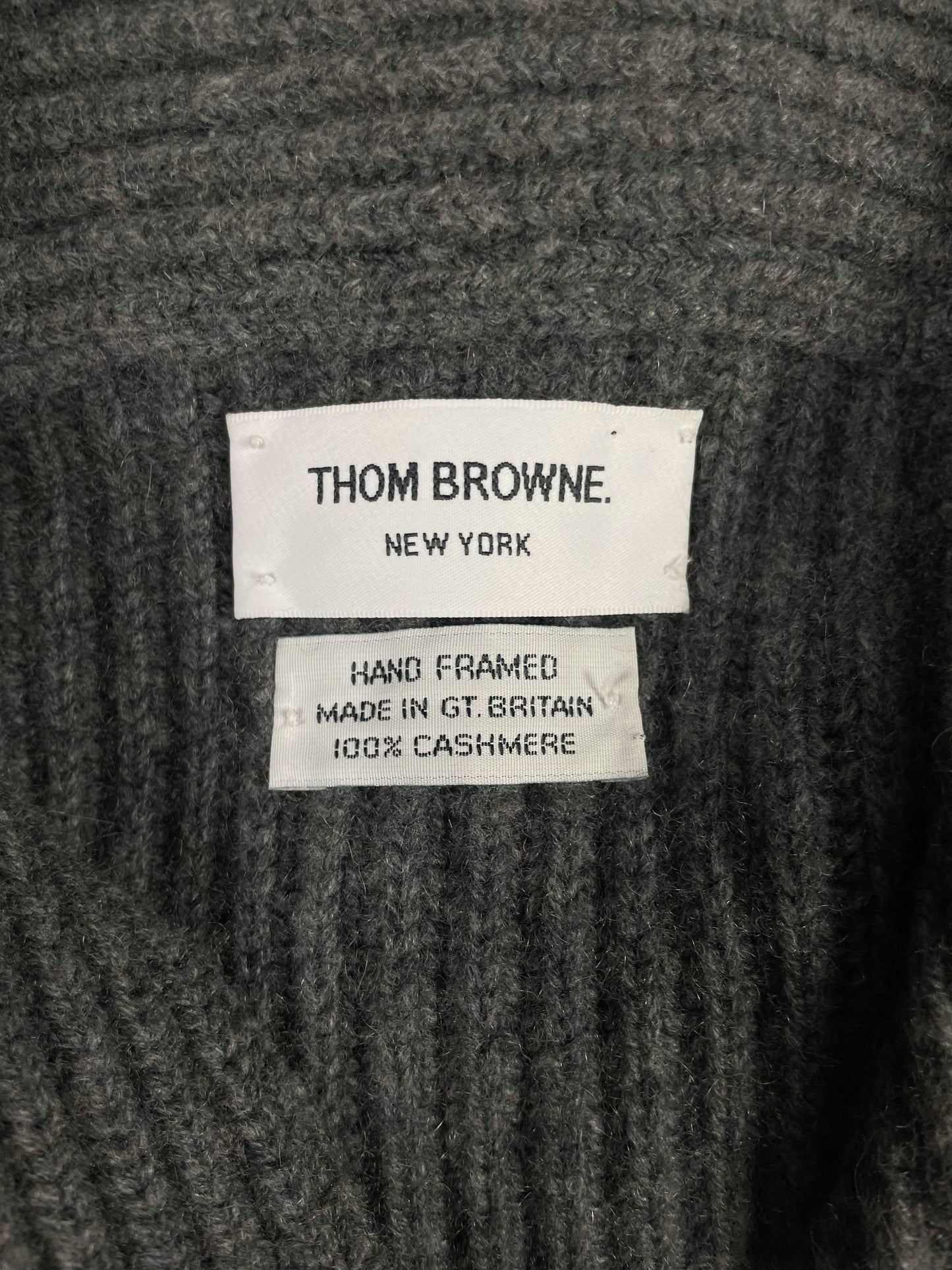 Thom Browne New York cashmere cardigan hand framed in Great Britain