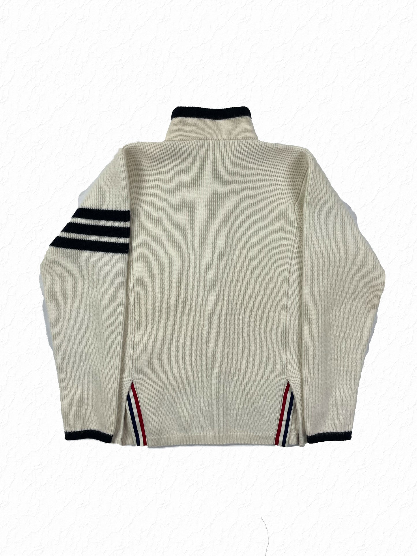 Navy trimmed Thom Browne cashmere jacket with red white blue grosgrain tab