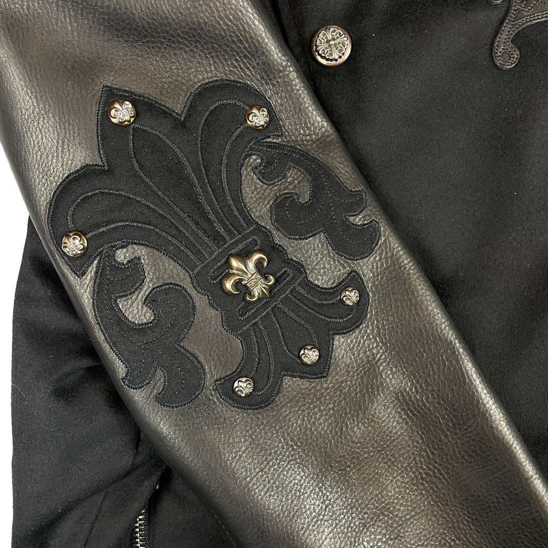 Chrome Hearts Leather & Cashmere Letterman Varsity Cross Patch Jacket Authenticated Designer