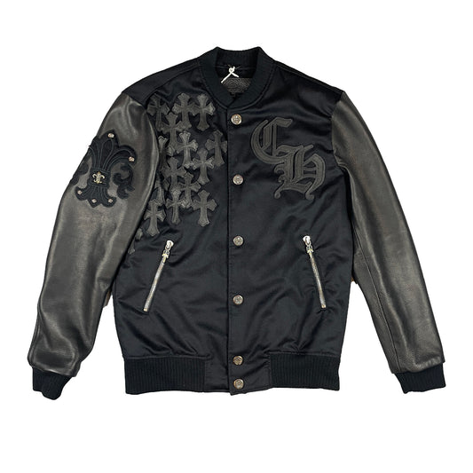 Chrome Hearts Leather & Cashmere Letterman Varsity Cross Patch Jacket Authentic Leather Jackets