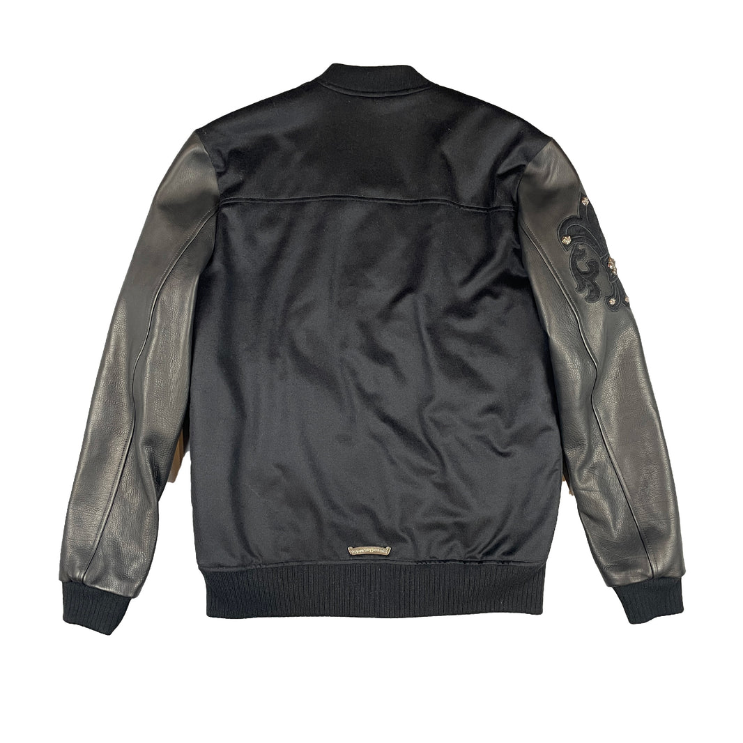 Chrome Hearts Leather & Cashmere Letterman Varsity Cross Patch Jacket Sterling Silver Hardware