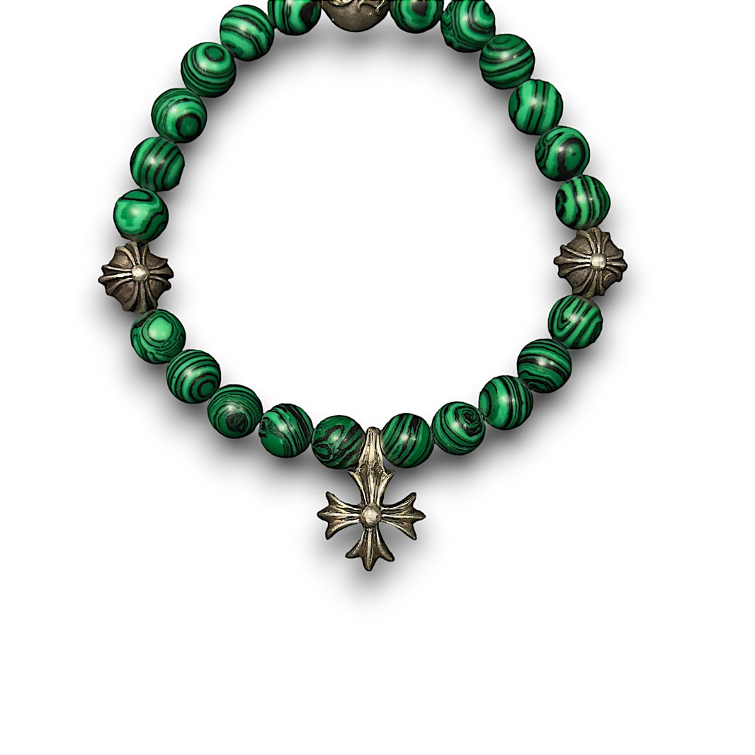 Chrome Hearts Malachite CH Plus Beaded Bracelet Sterling Silver Hardware
