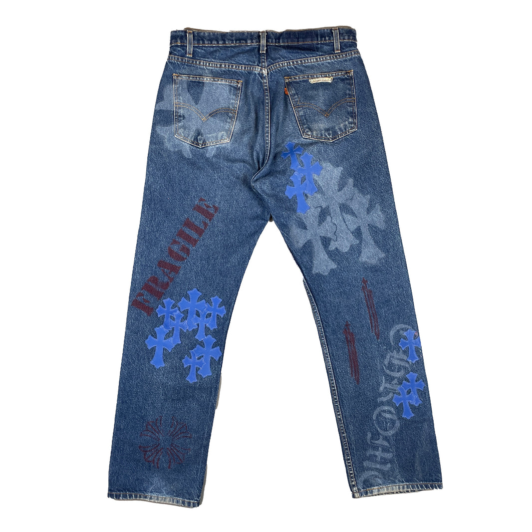 Chrome Hearts Levi's Stencil Blue Cross Patch Denim Jeans Sterling Silver Hardware