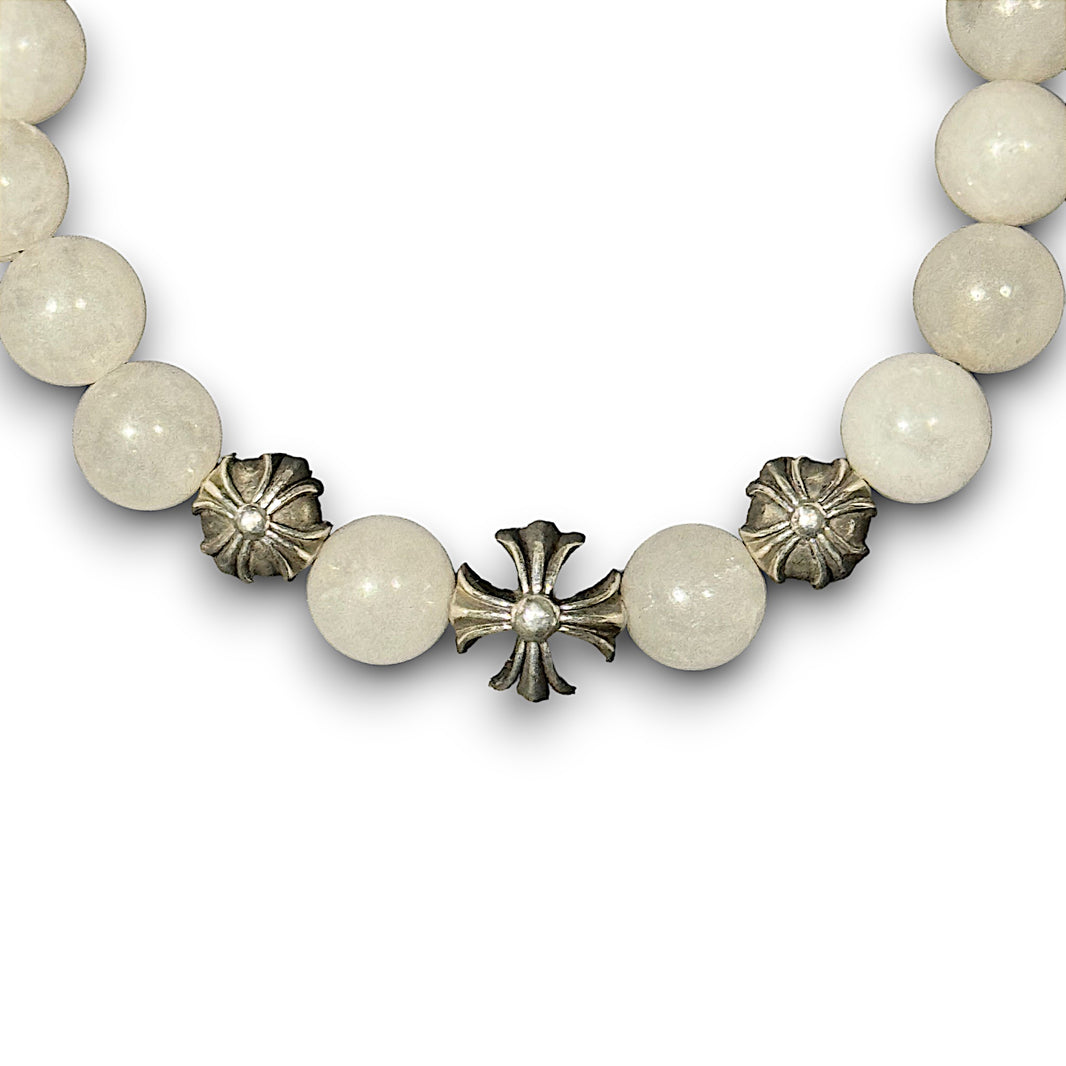 Chrome Hearts White Jade Beaded CH Plus Bracelet Sterling Silver Hardware