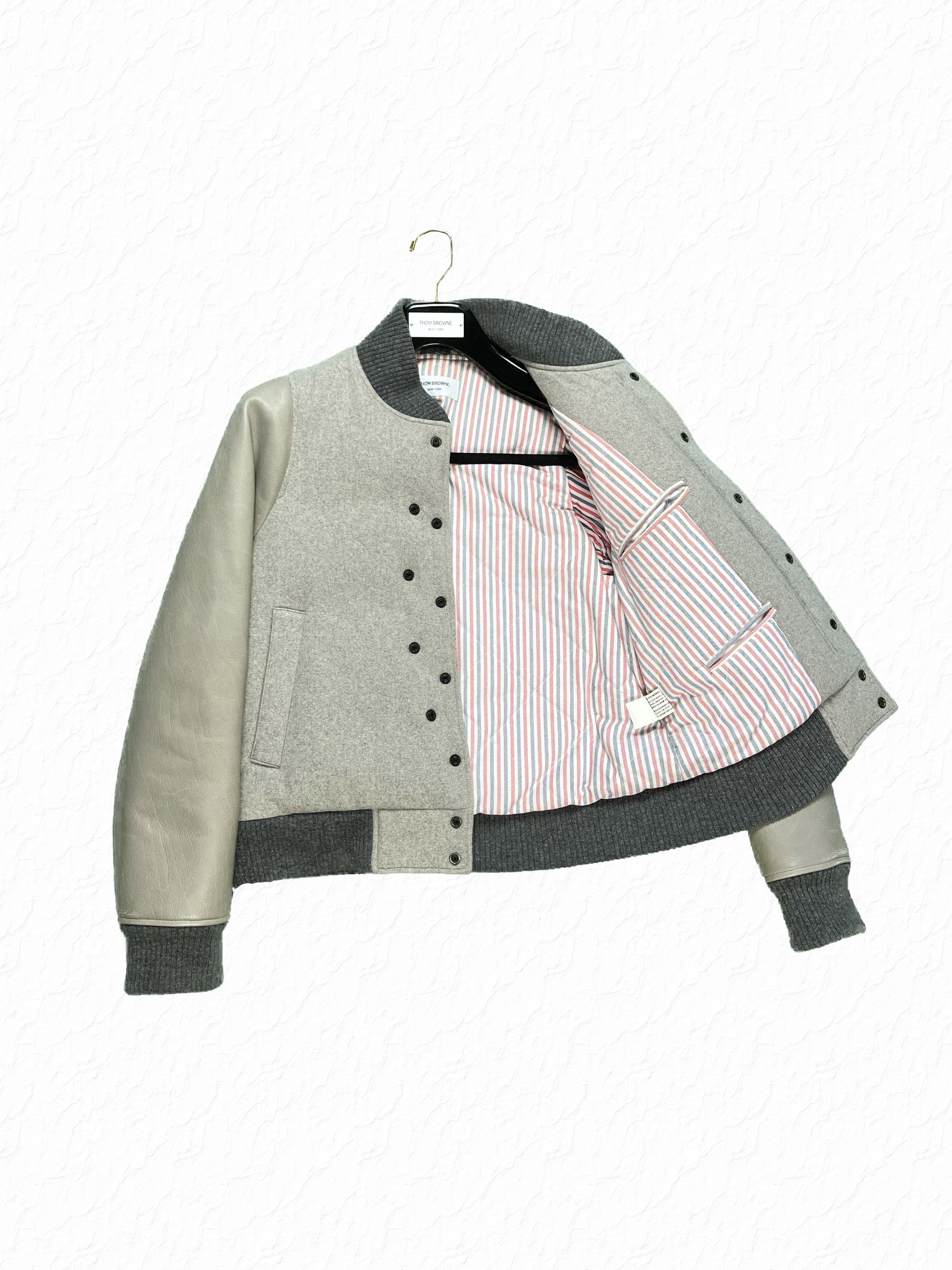 Cream Leather Sleeve Varsity Jacket by Thom Browne with Ribbed Knit Trim