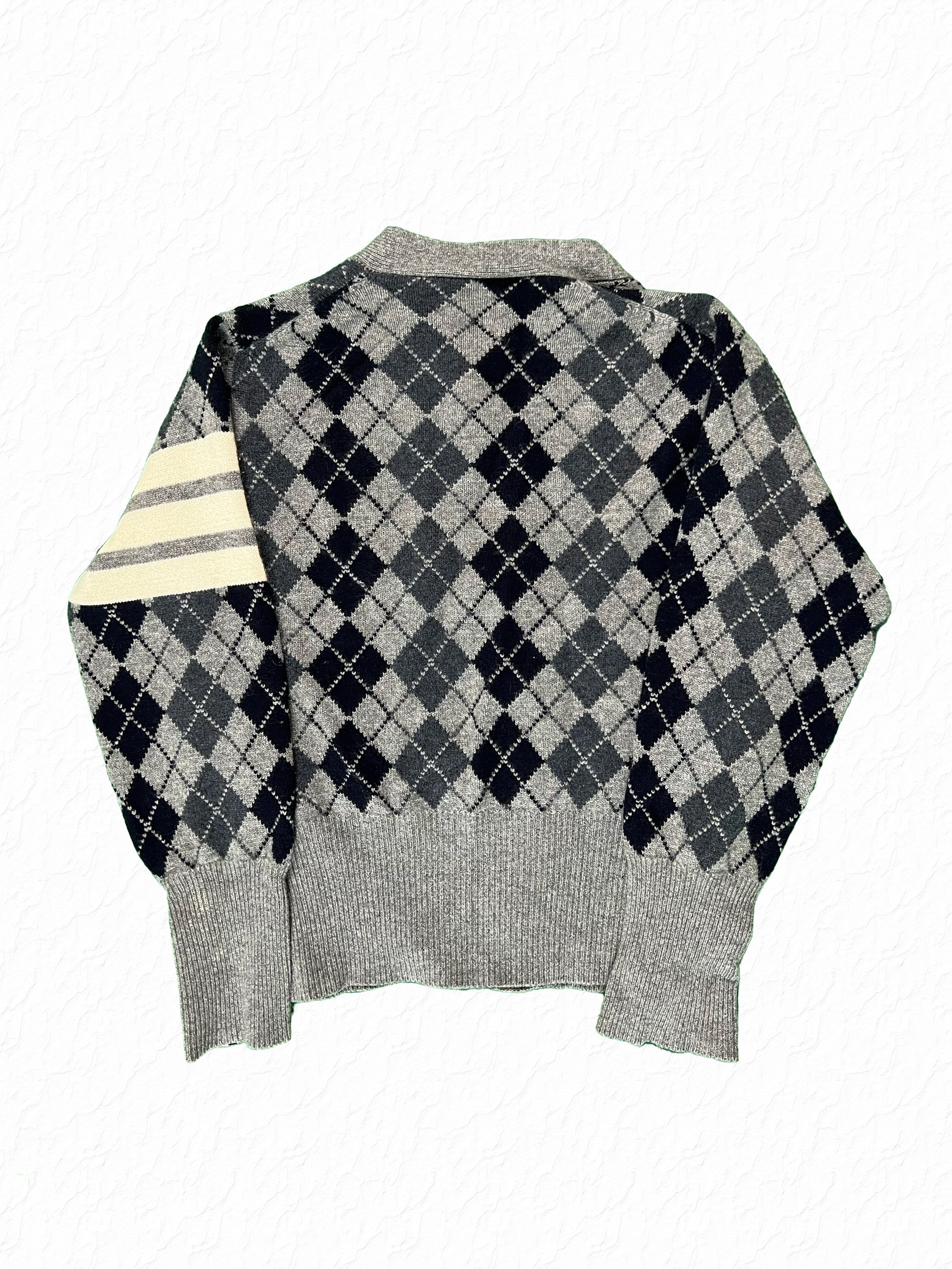 Navy and grey argyle cashmere knit cardigan from Thom Browne