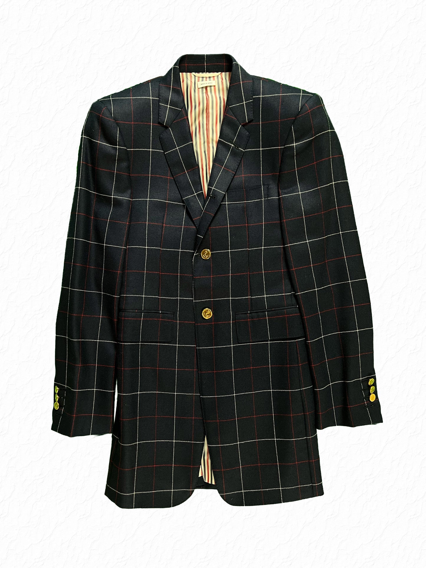 Thom Browne RWB windowpane navy flannel sport coat with gold engraved buttons