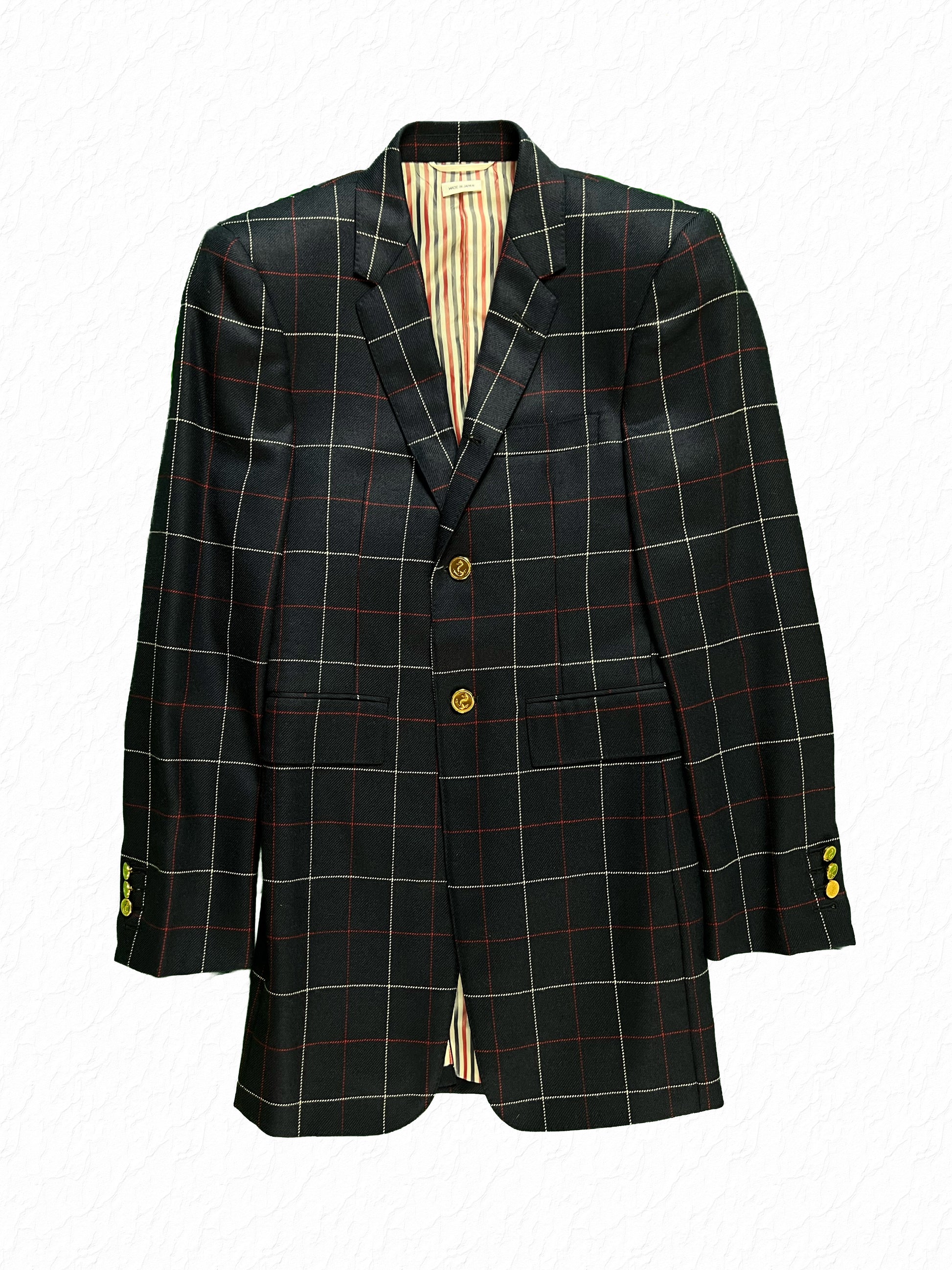 Thom Browne RWB windowpane navy flannel sport coat with gold engraved buttons