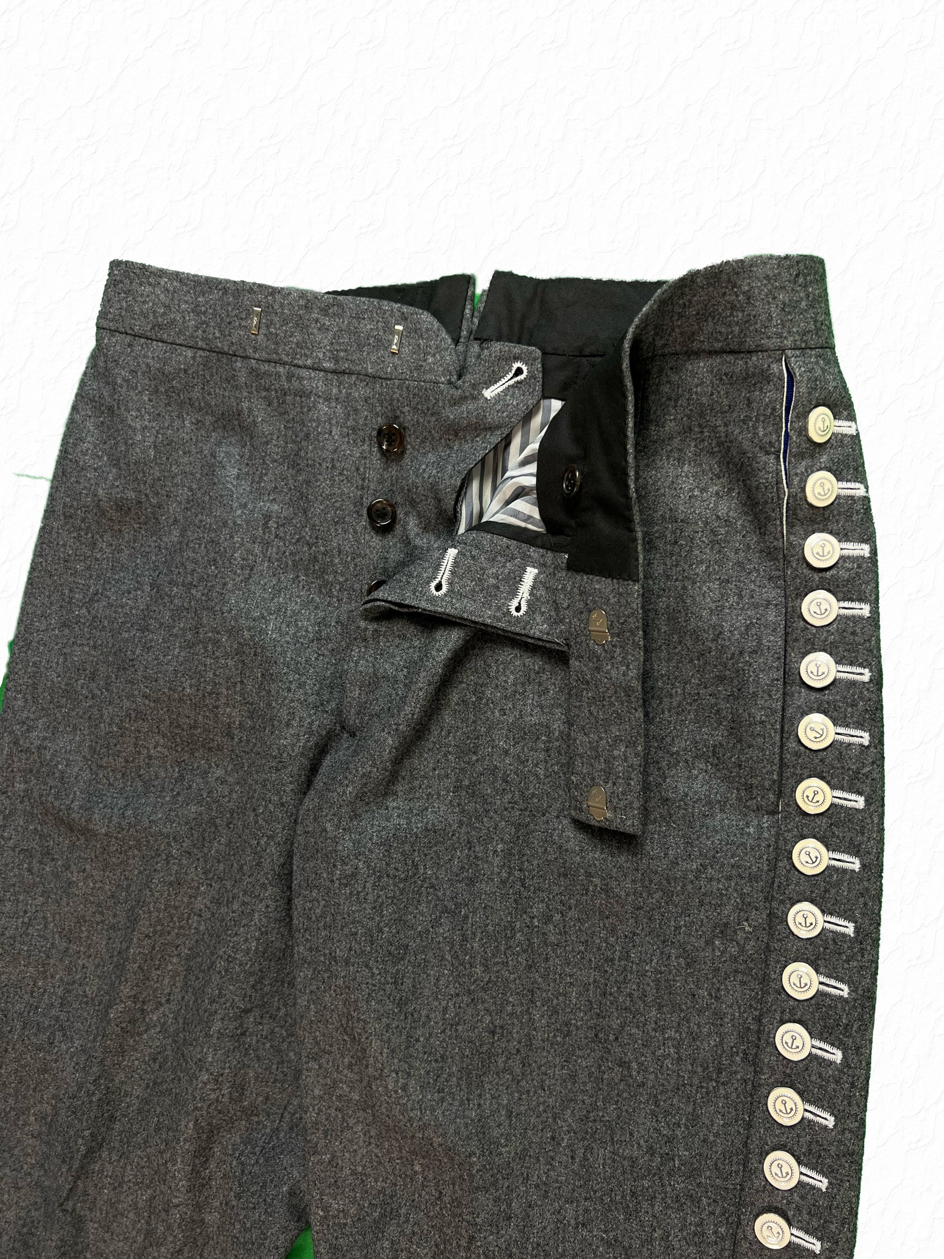 Anchor button leg closure on Thom Browne Fall 2008 flannel trousers